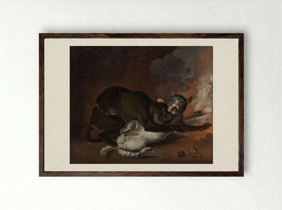 The Monkey and the Cat - Abraham Hondius - Framed Print Dark Wood