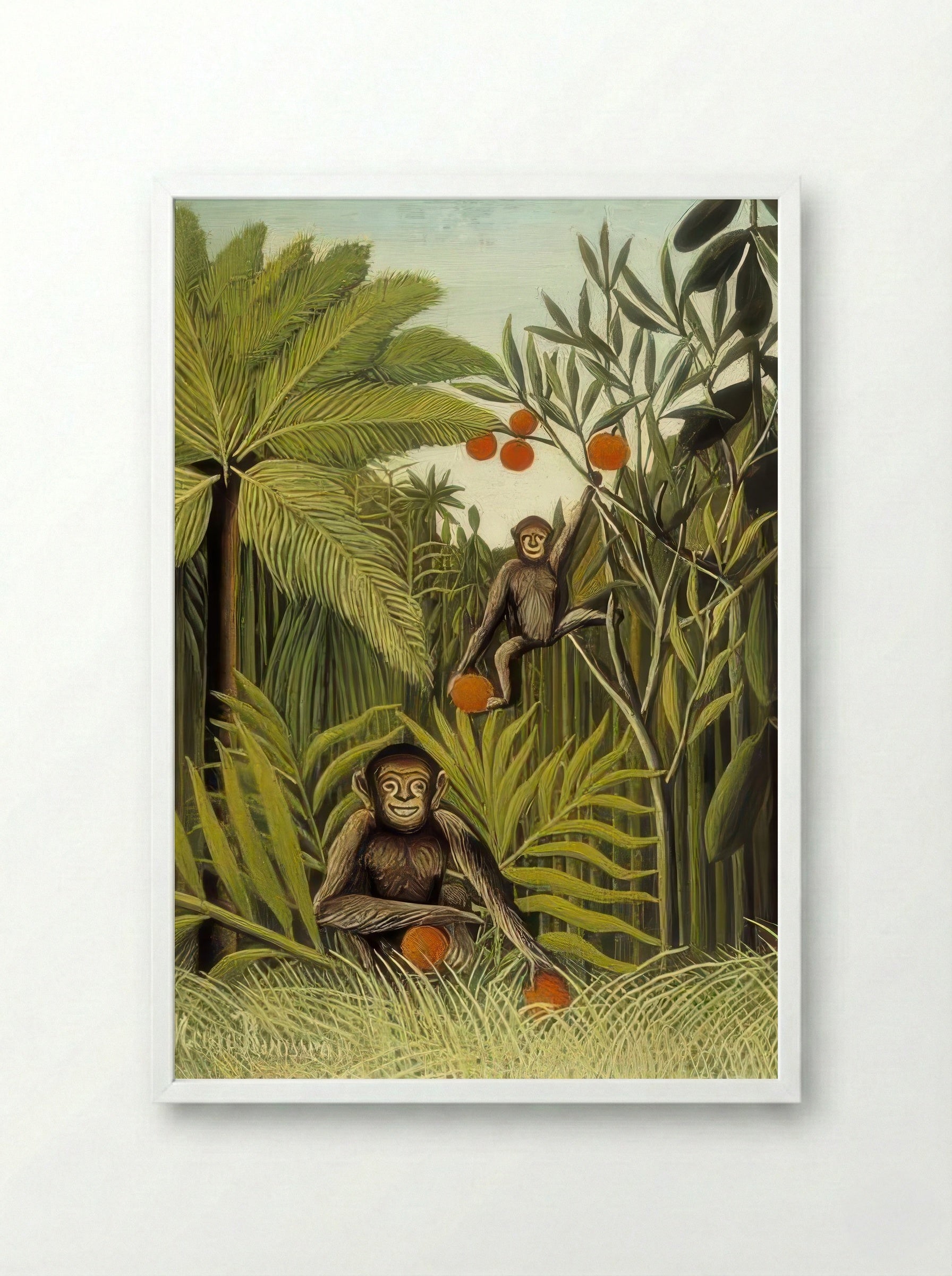 The Monkeys in the Jungle by Henri Rousseau – Naïve Art Tropical Wildlife Print - Framed Print White