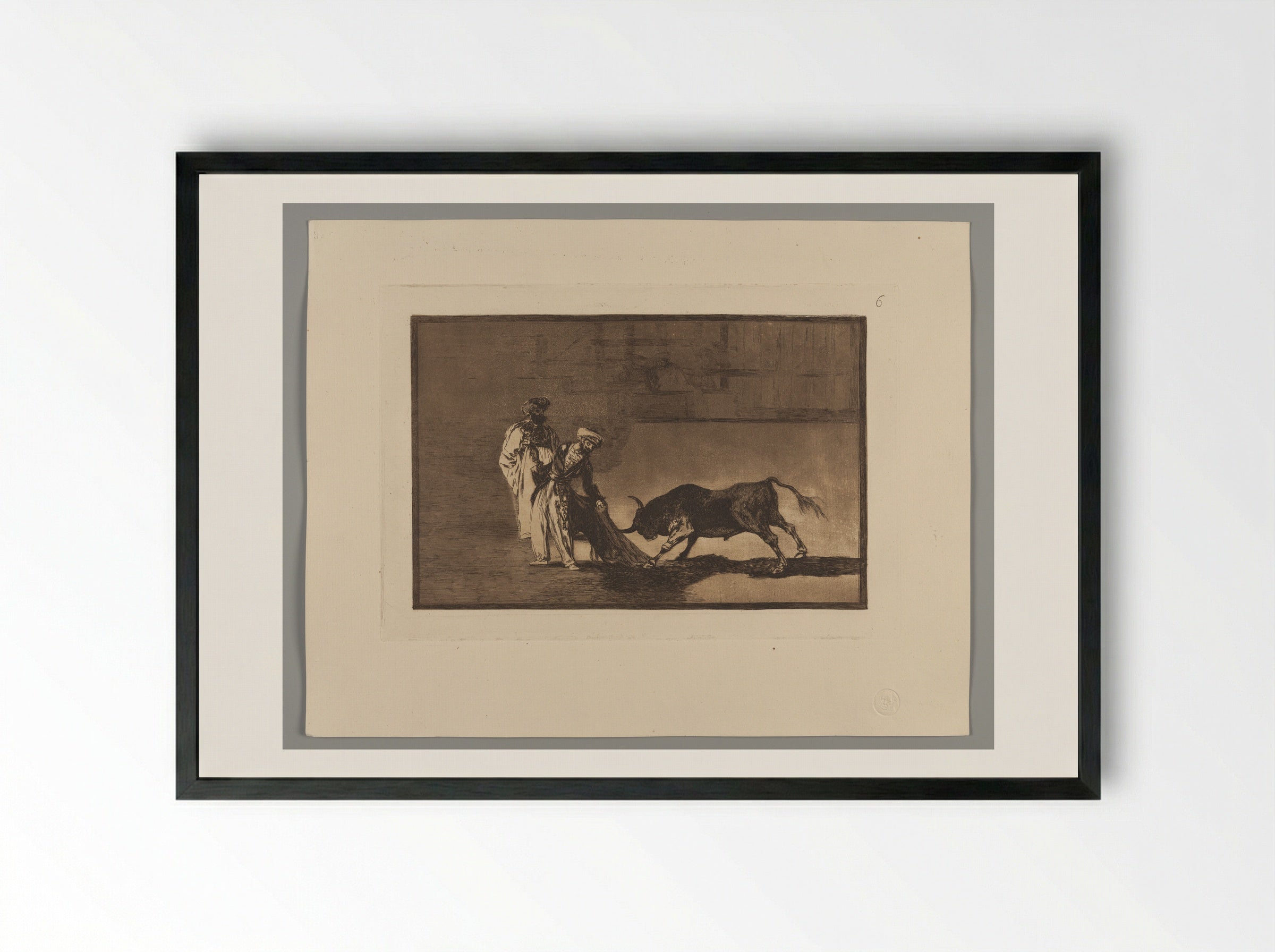 The Moors Make a Different Play in the Ring, Calling the Bull with Their Burnous - Francisco José de Goya y Lucientes - Framed Print Black