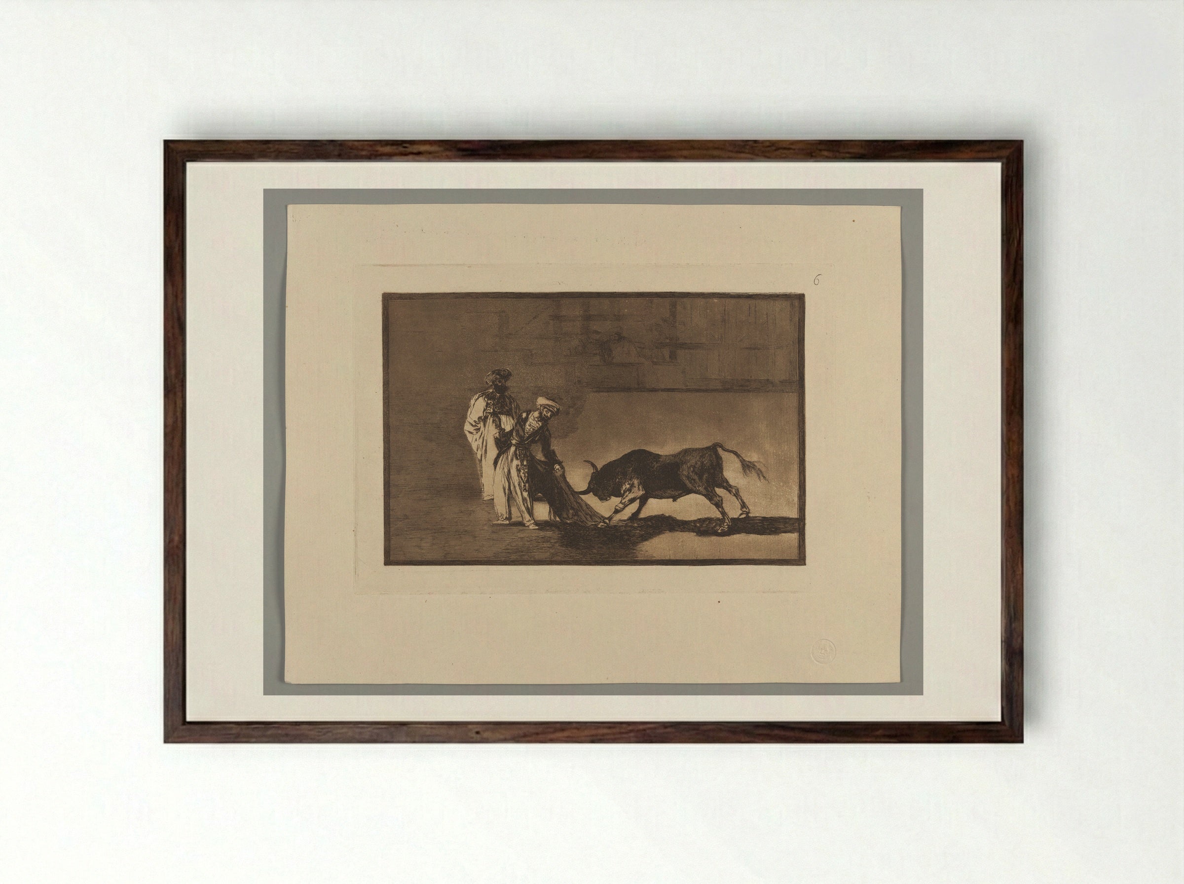 The Moors Make a Different Play in the Ring, Calling the Bull with Their Burnous - Francisco José de Goya y Lucientes - Framed Print Dark Wood