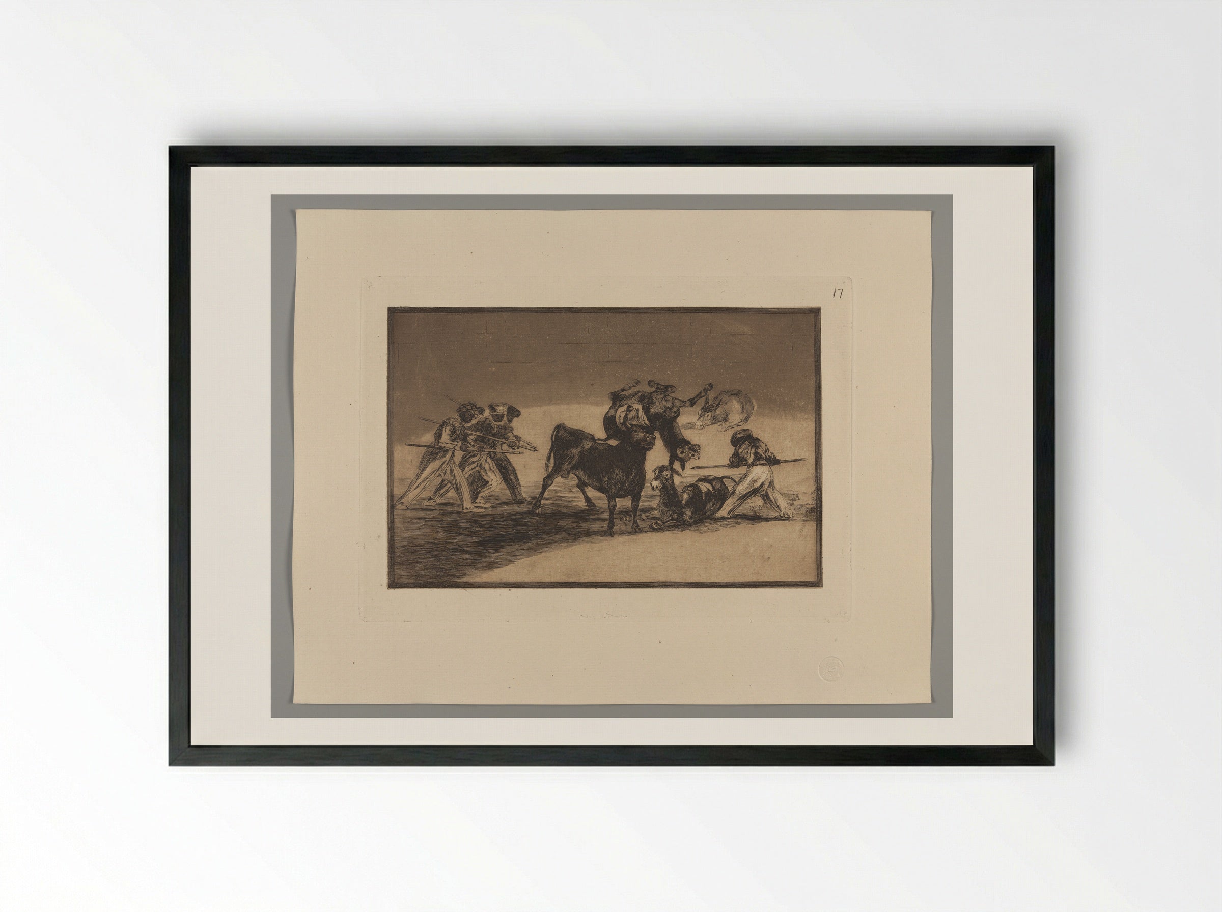The Moors Use Donkeys as a Barrier to Defend Themselves against the Bull Whose Horns Have Been Tipped with Balls - Francisco José de Goya y Lucientes - Framed Print Black
