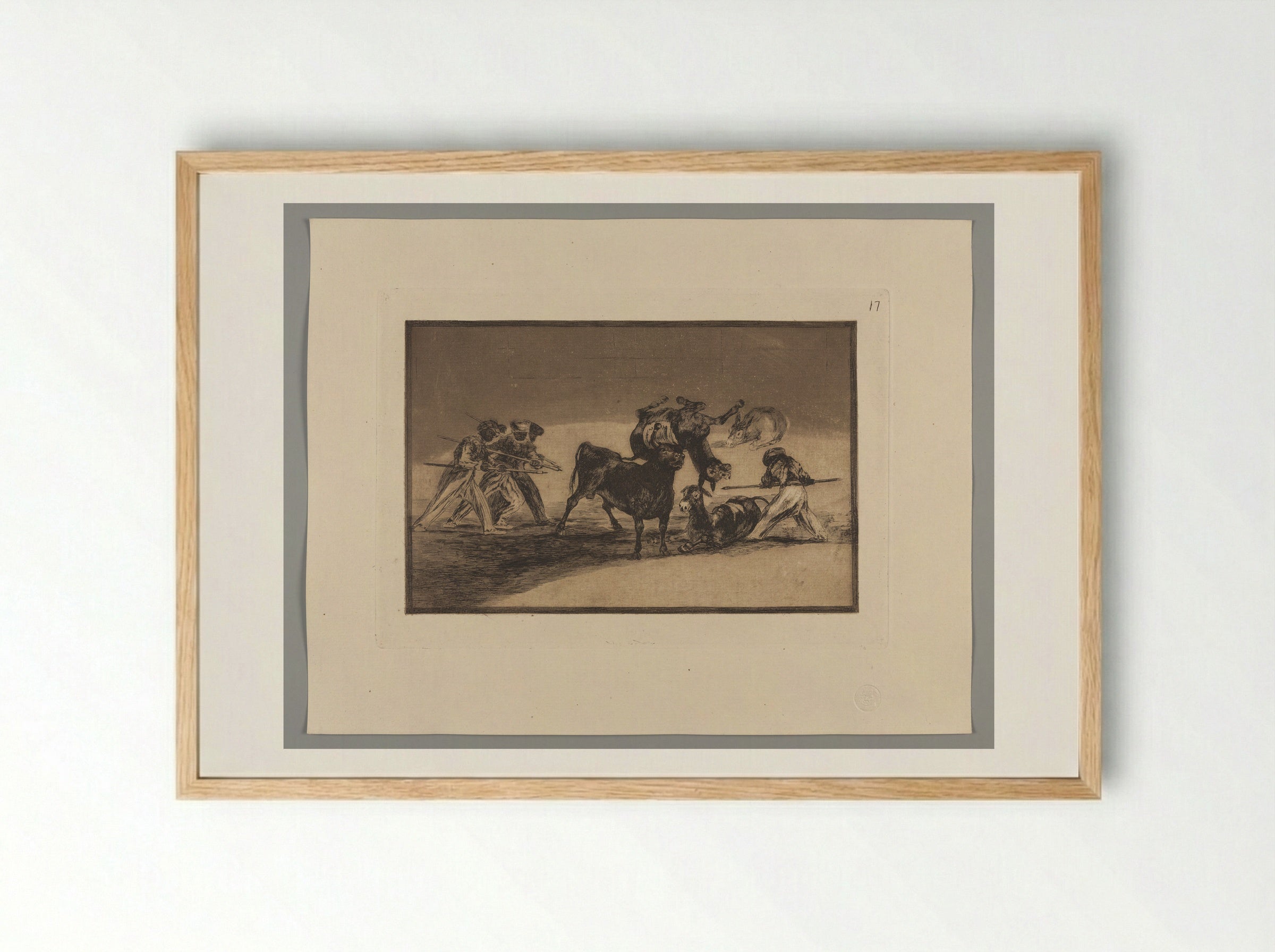 The Moors Use Donkeys as a Barrier to Defend Themselves against the Bull Whose Horns Have Been Tipped with Balls - Francisco José de Goya y Lucientes - Framed Print Wood