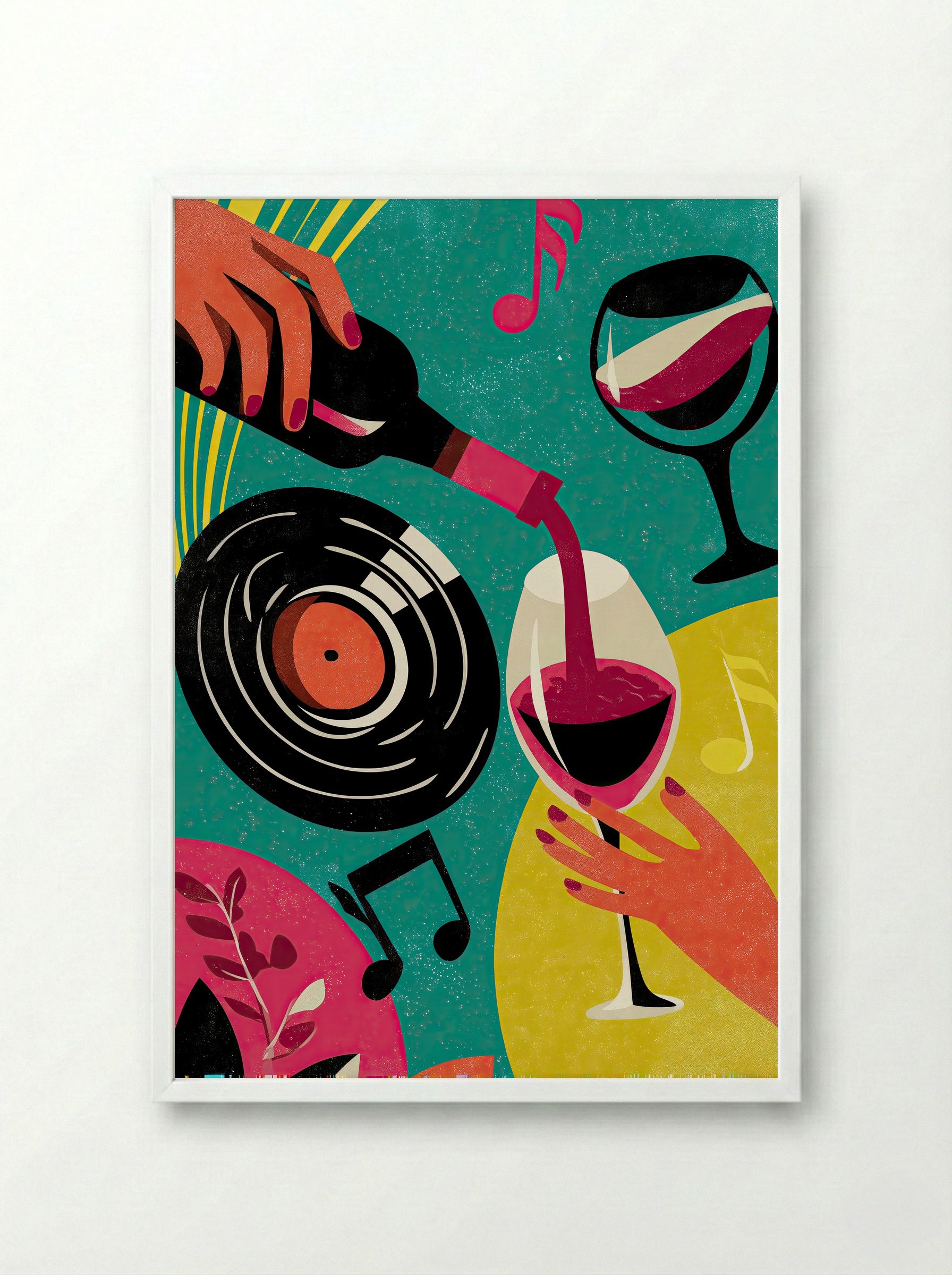 The Music and Wine Social Club – Retro Pop Art Print - Framed Print White