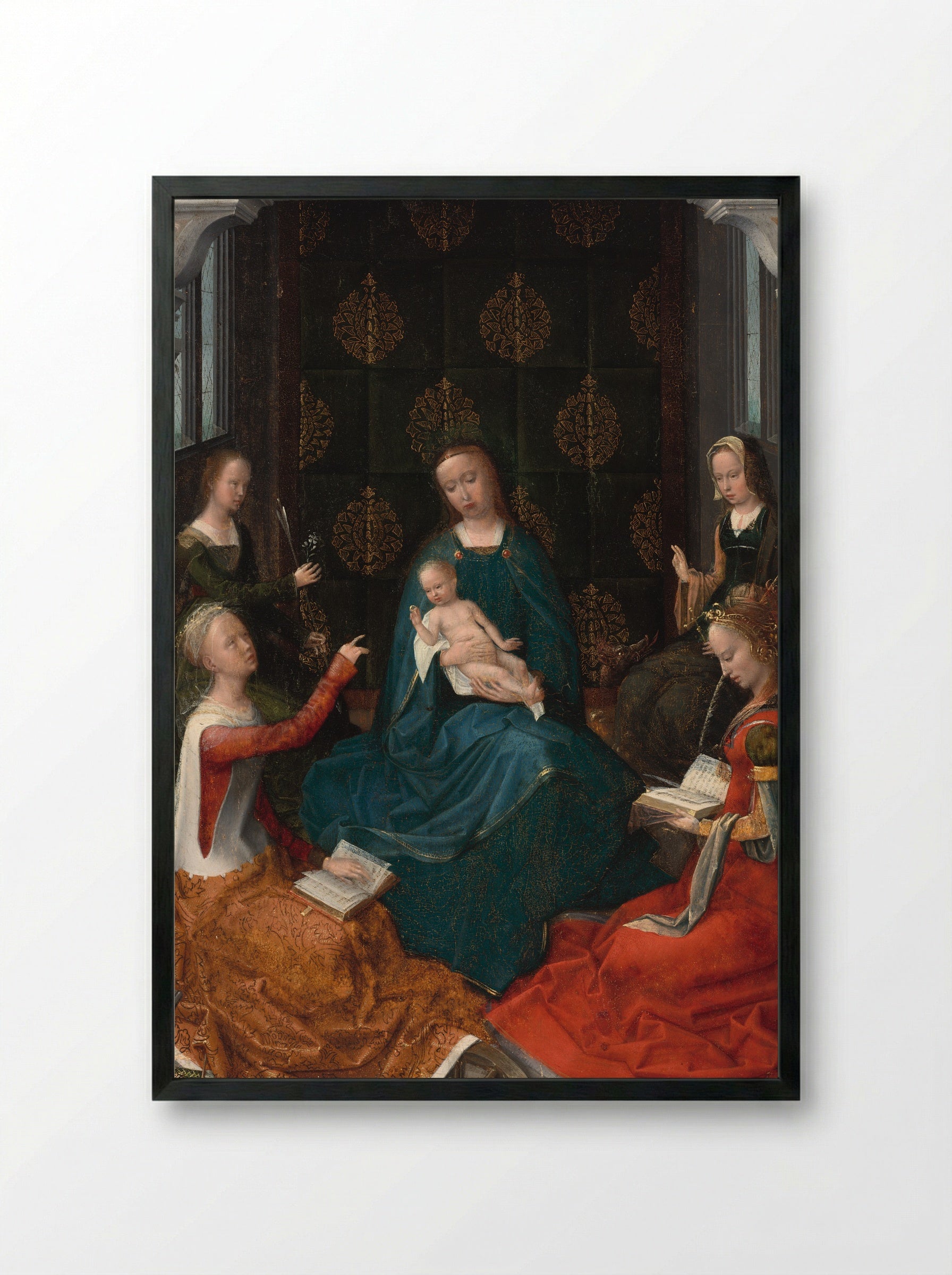 The Mystic Marriage of Saint Catherine of Alexandria with Three Female Saints - Adriaen Isenbrant - Framed Print Black