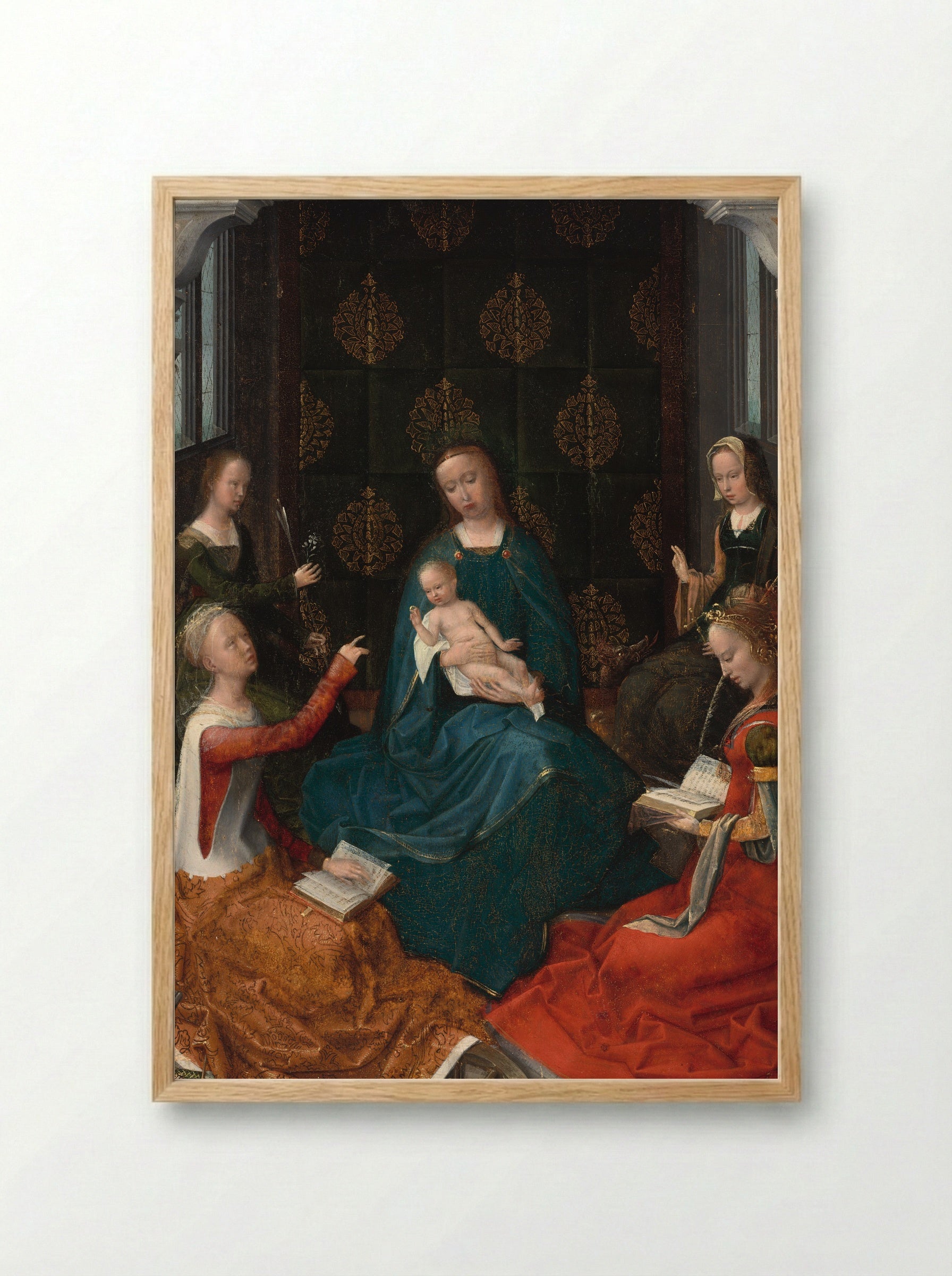 The Mystic Marriage of Saint Catherine of Alexandria with Three Female Saints - Adriaen Isenbrant - Framed Print Wood