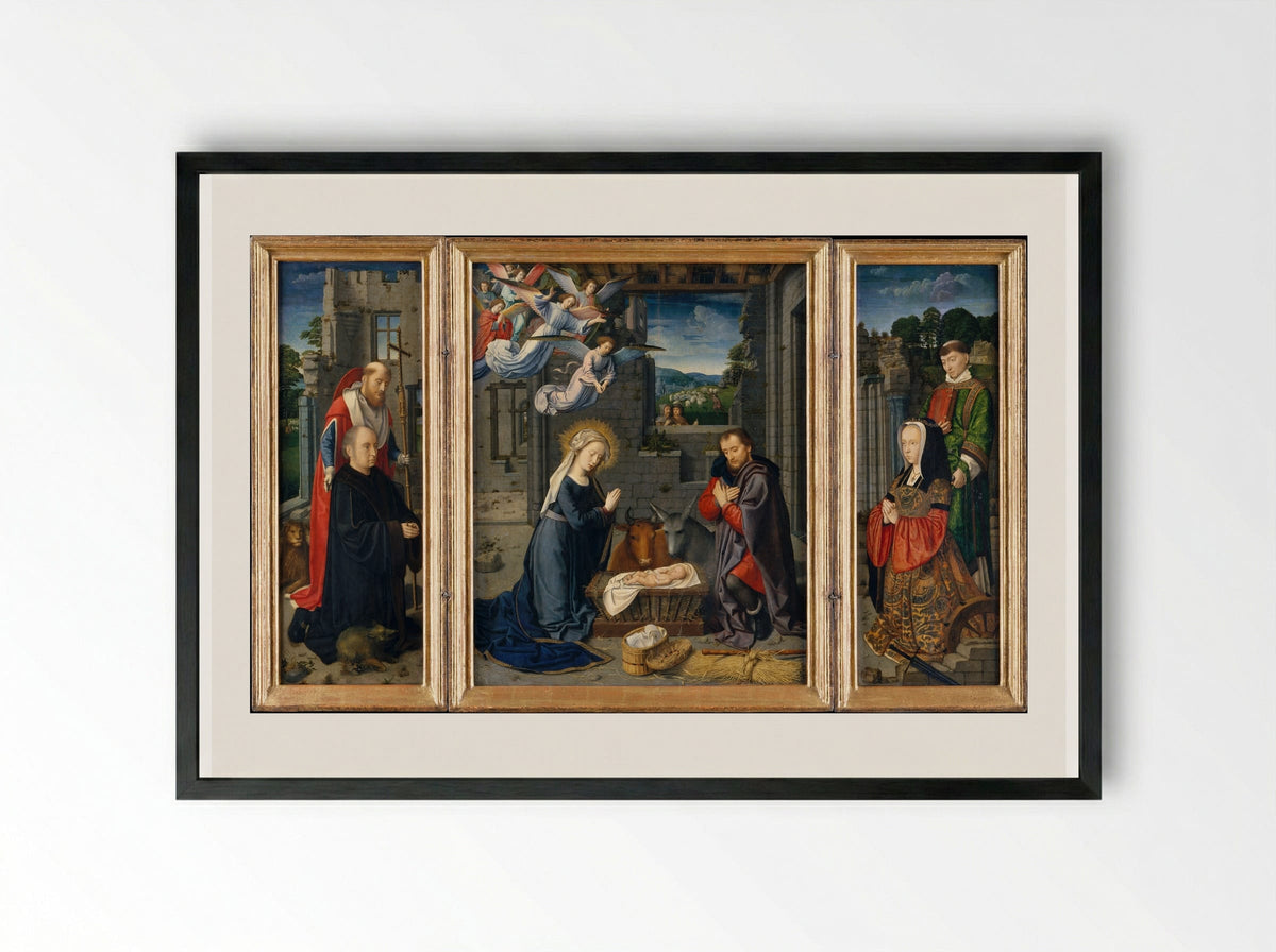The Nativity with Donors and Saints Jerome and Leonard - Gerard David - Framed Print Black