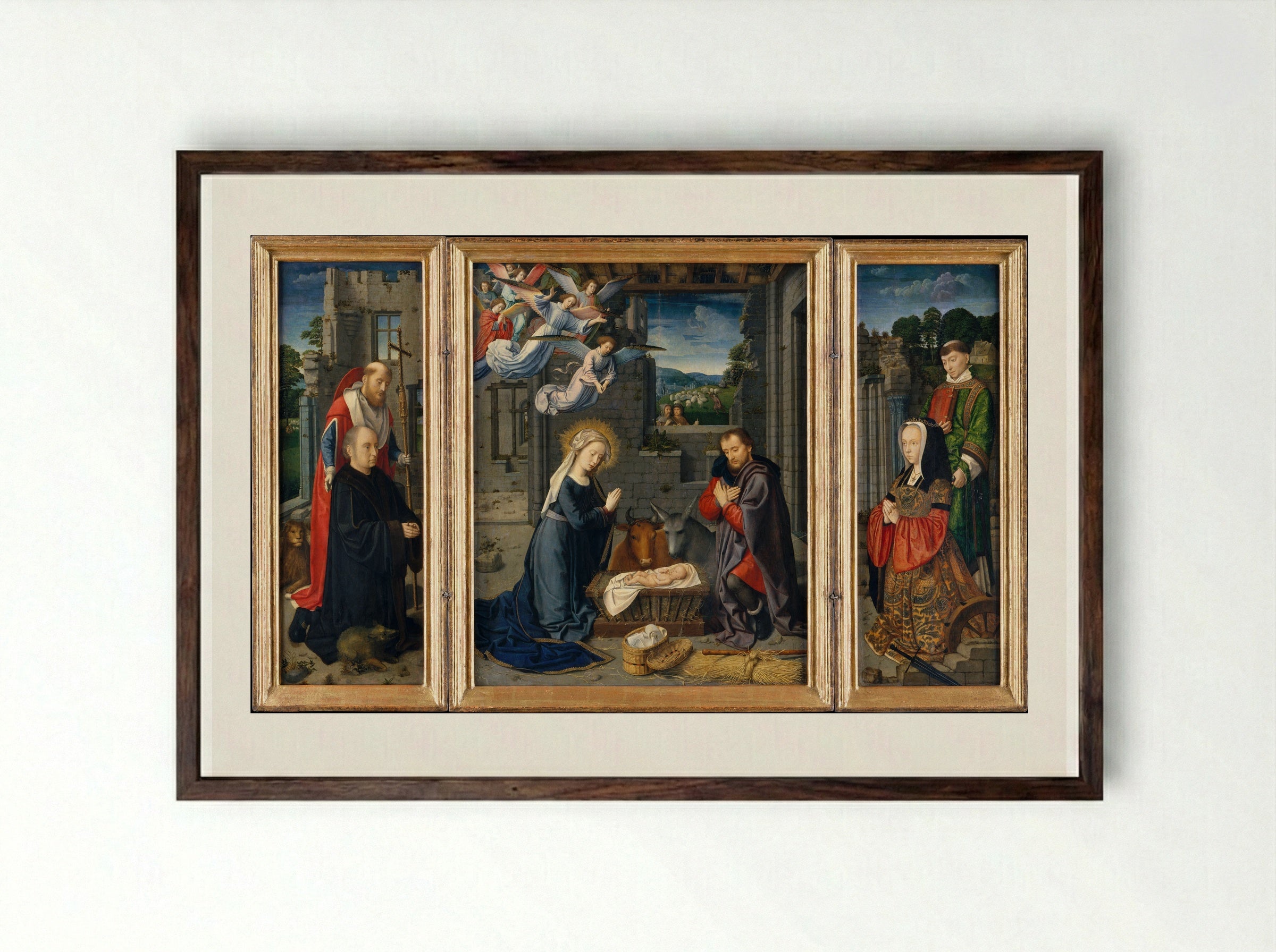 The Nativity with Donors and Saints Jerome and Leonard - Gerard David - Framed Print Dark Wood