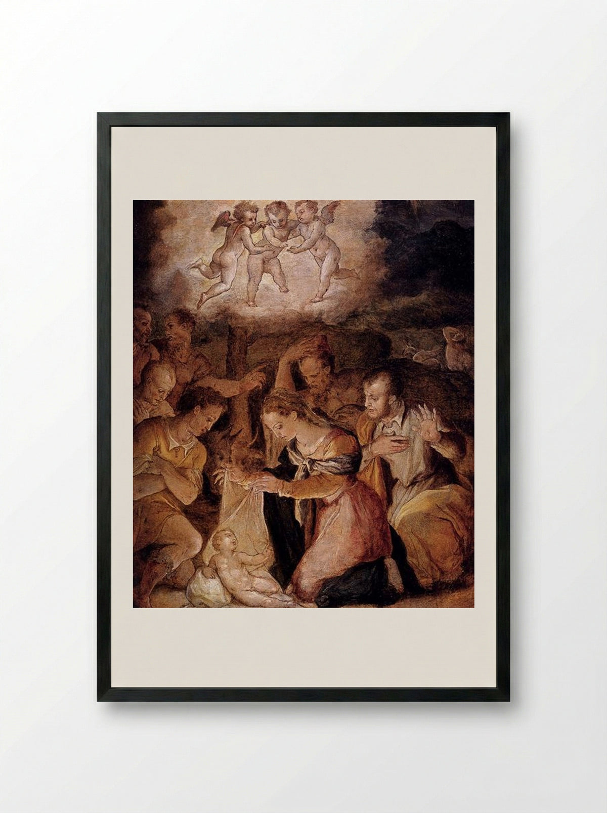 The Nativity with the Adoration of the Shepherds - Giorgio Vasari - Framed Print Black