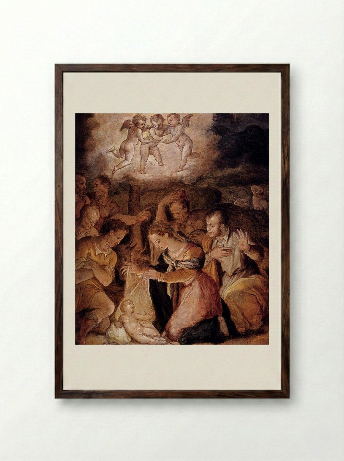 The Nativity with the Adoration of the Shepherds - Giorgio Vasari - Framed Print Dark Wood