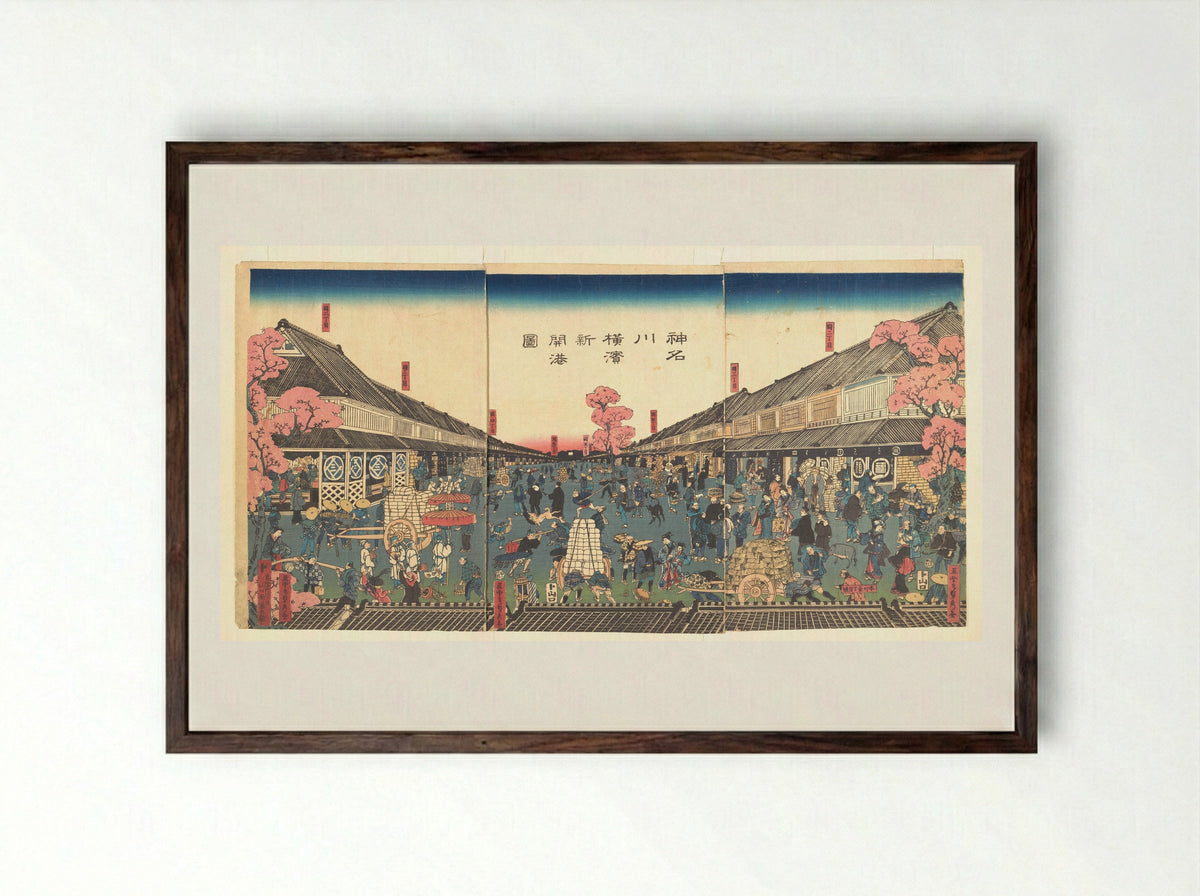 The Newly Opened Port of Yokohama in Kanagawa Prefecture - Utagawa Sadahide - Framed Print Dark Wood