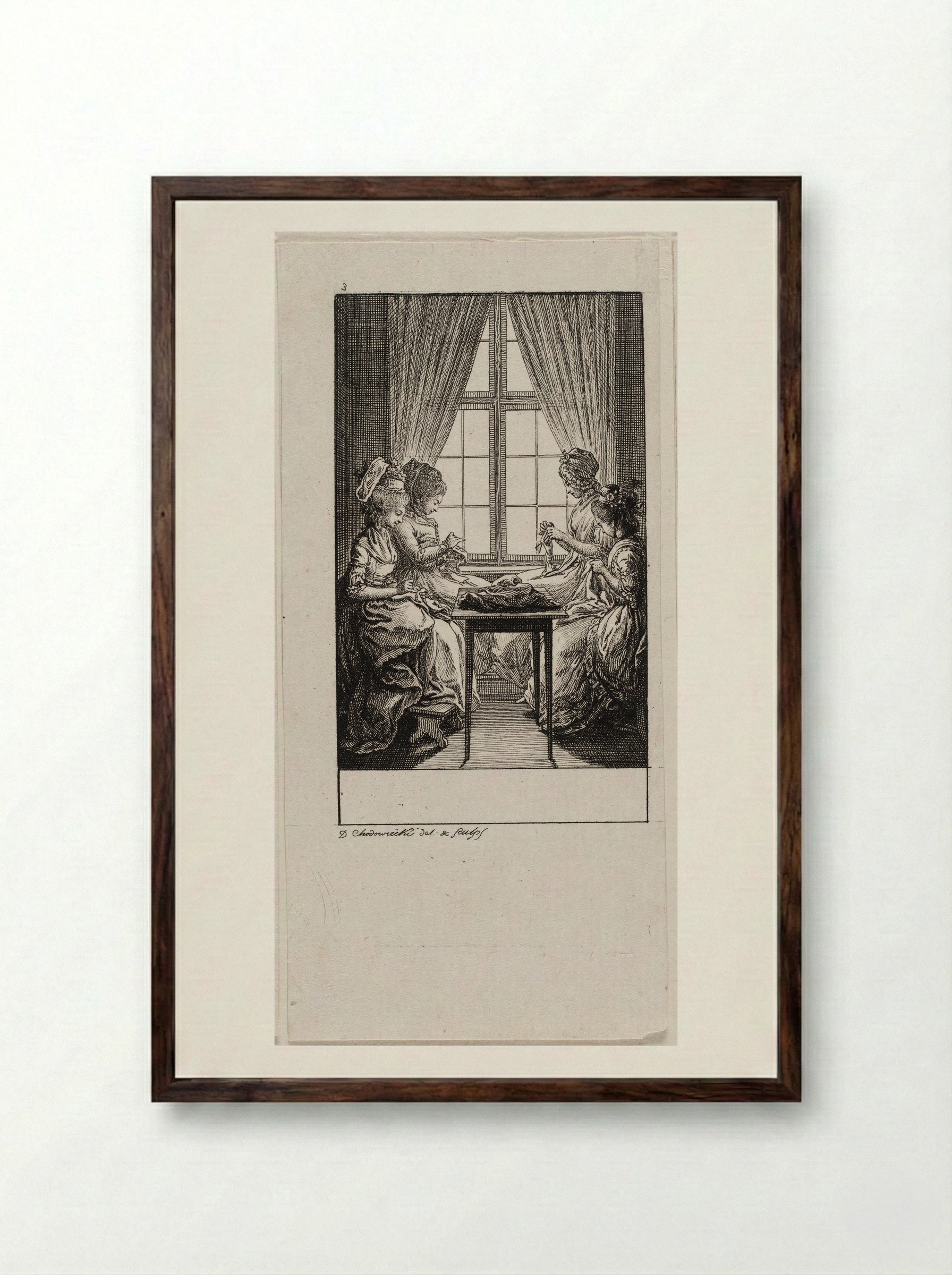 The Occupations of Women: Sewing - Daniel Nikolaus Chodowiecki - Framed Print Dark Wood