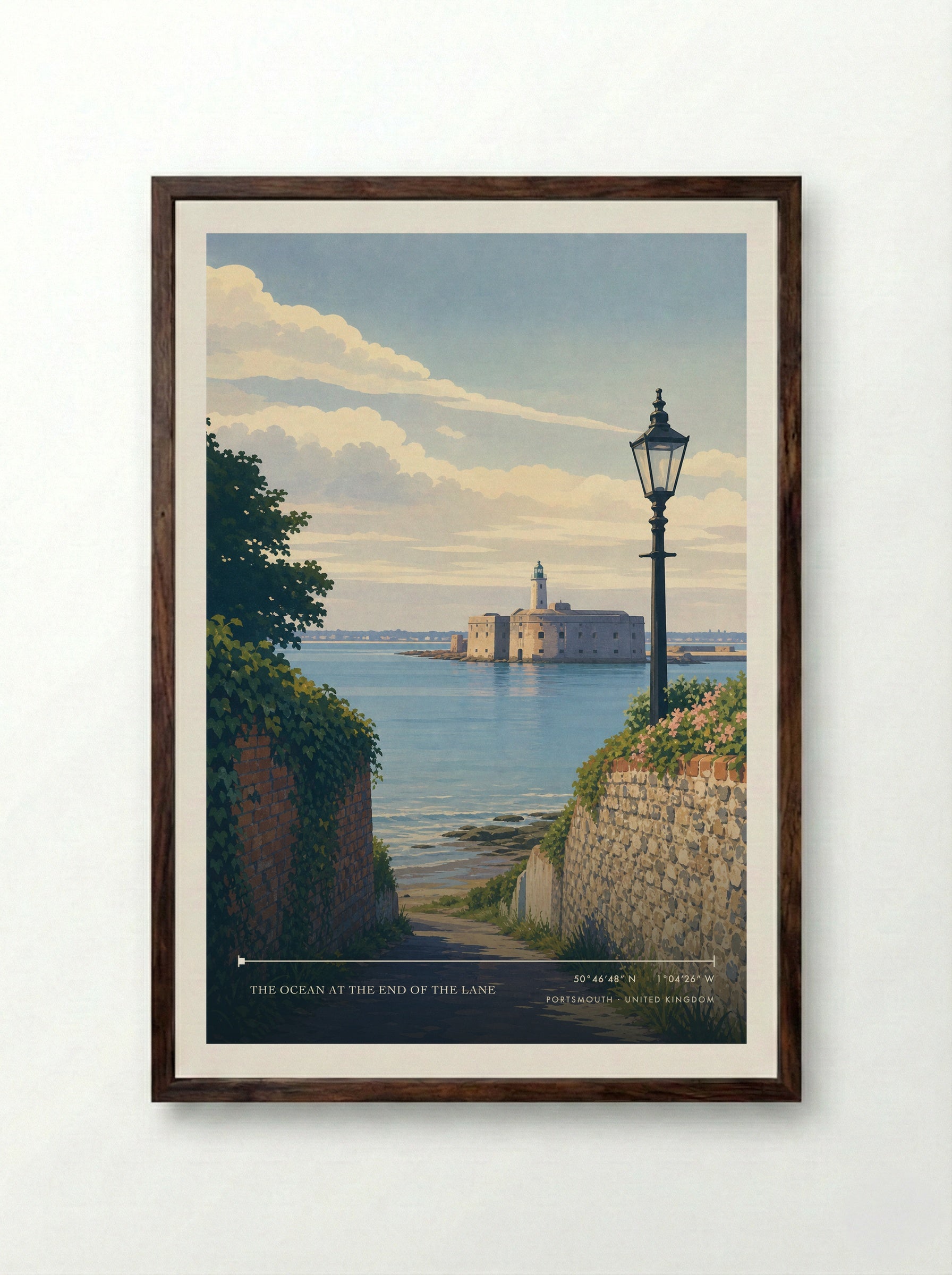 The Ocean at the End of the Lane Portsmouth United Kingdom Travel Poster - Framed Print Dark Wood