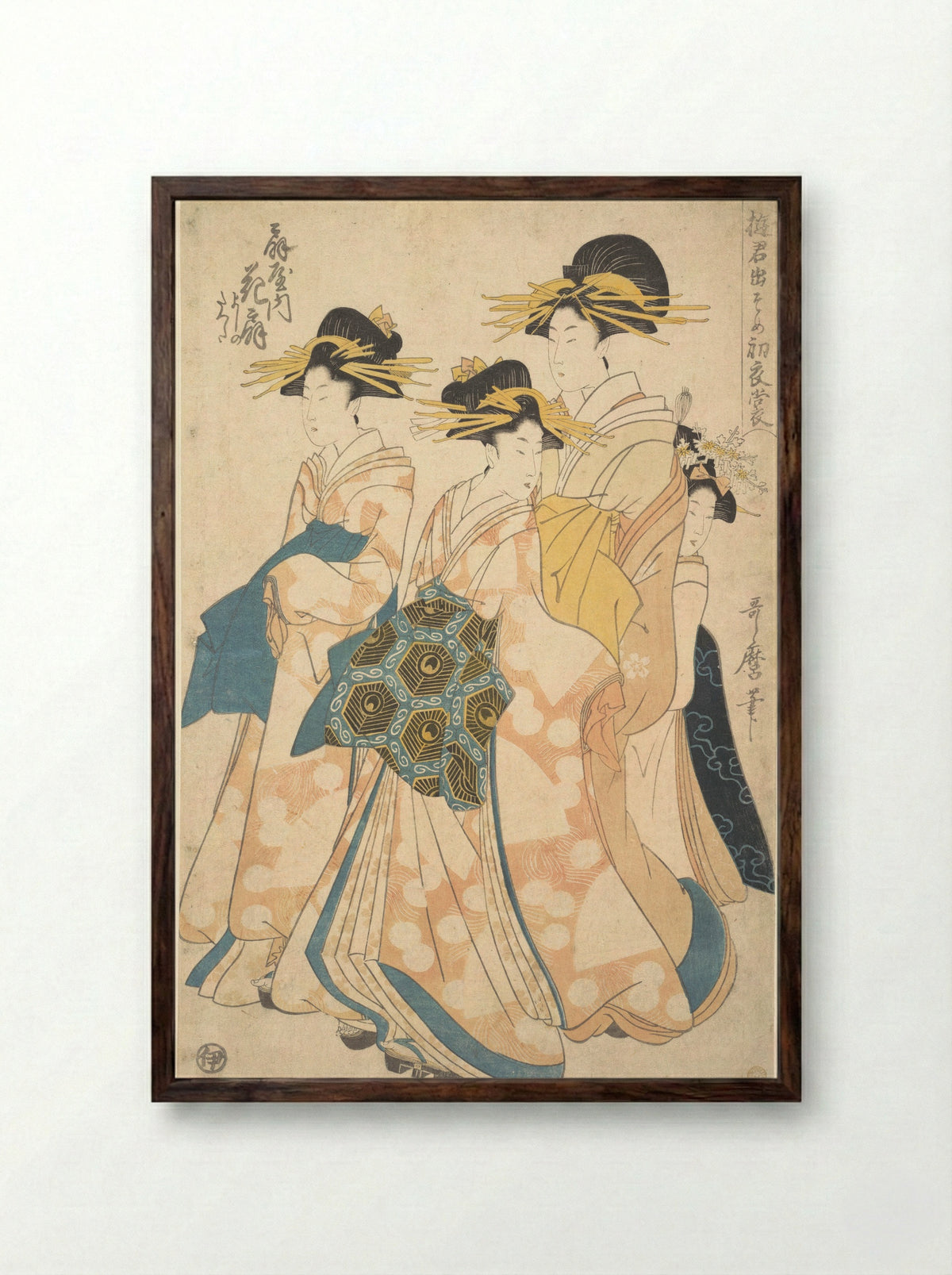 The Oiran Hanaogi of Ogiya attended by Two Shinzo and Her Kamuro Yoshino - Utamaro II - Framed Print Dark Wood