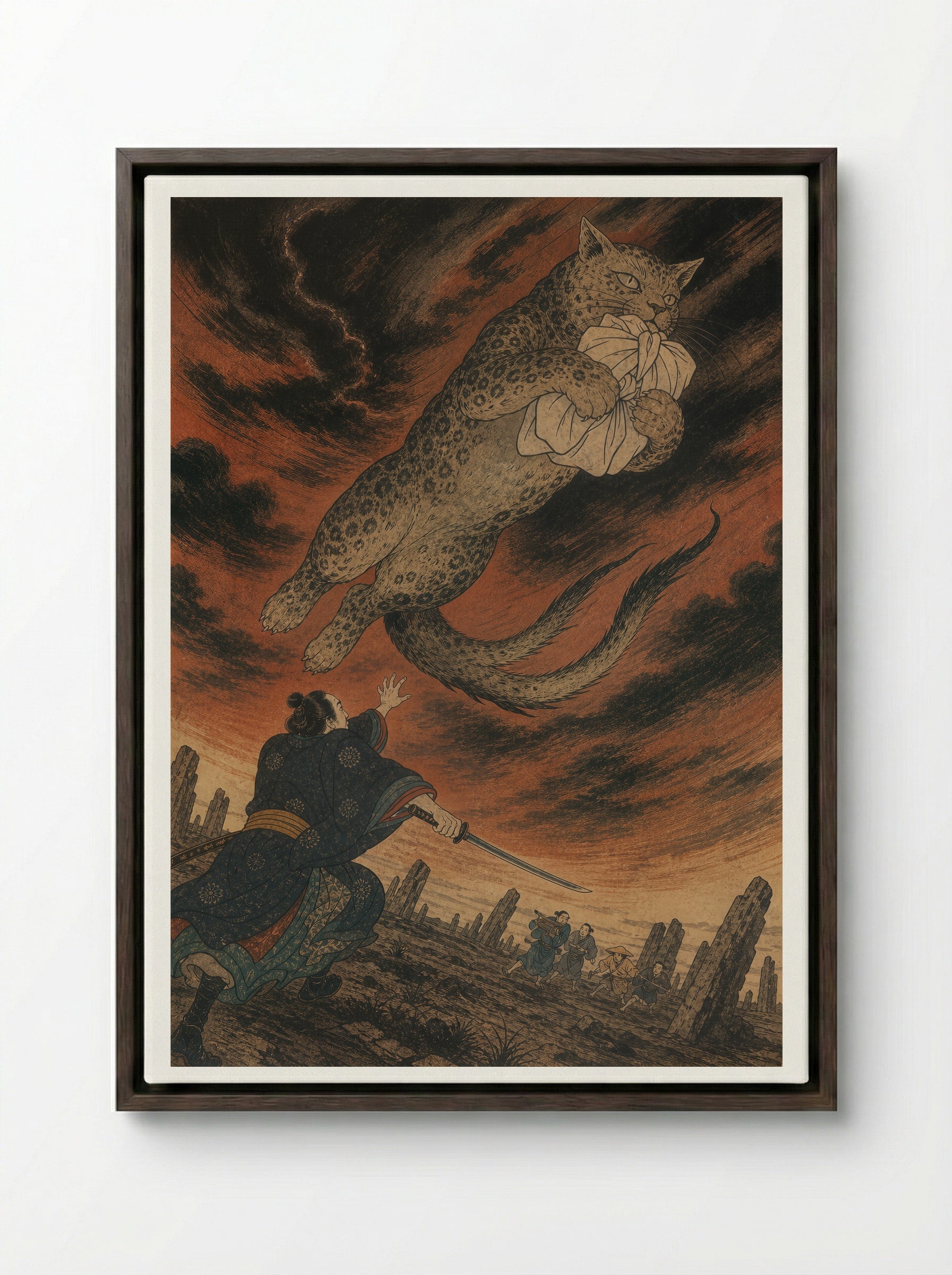 The Okazaki Cat Demon: The Forked-Tail Flight - Framed Canvas Dark Wood