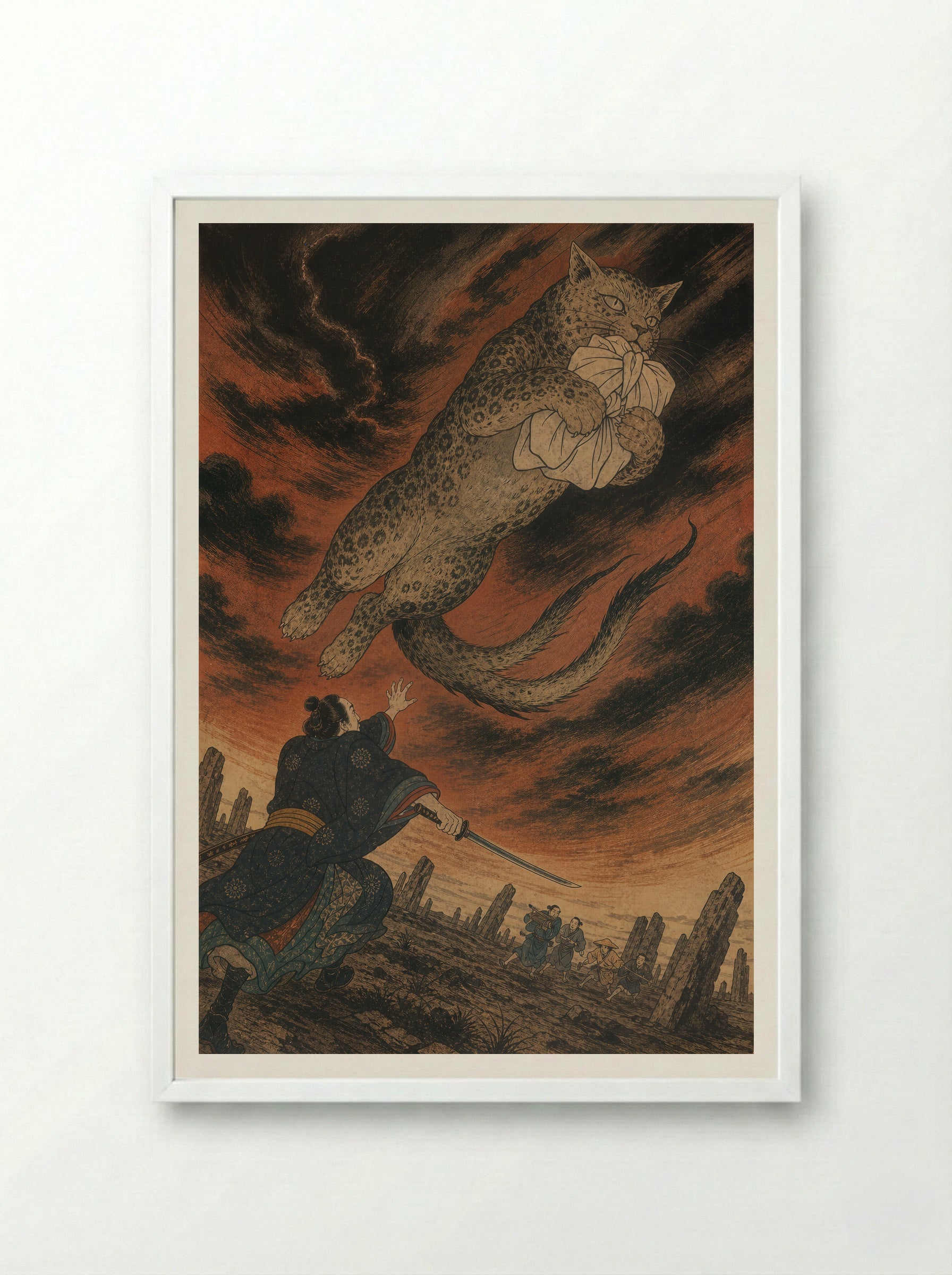 The Okazaki Cat Demon: The Forked-Tail Flight - Framed Print White