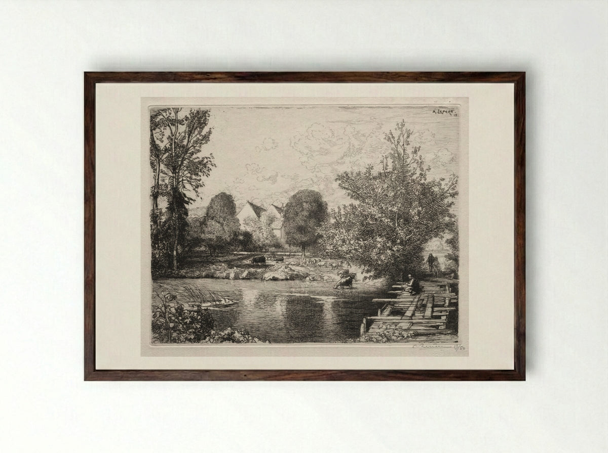 The Old Footbridge - Auguste Louis Lepère - Framed Print Dark Wood