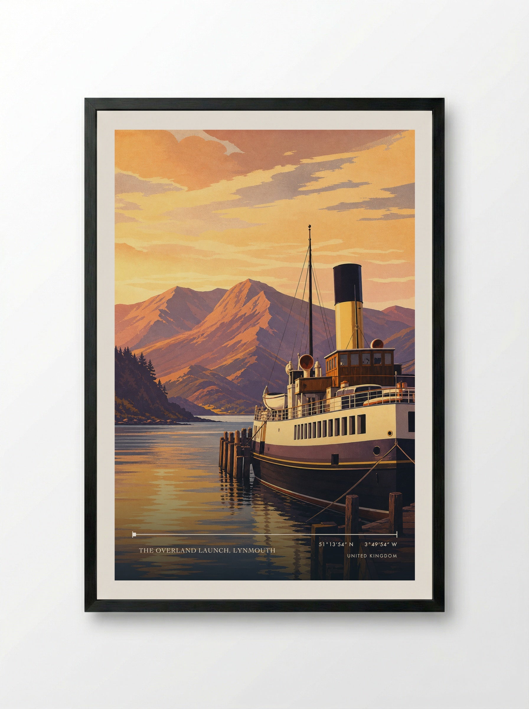 The Overland Launch, Lynmouth United Kingdom Travel Poster - Framed Print Black