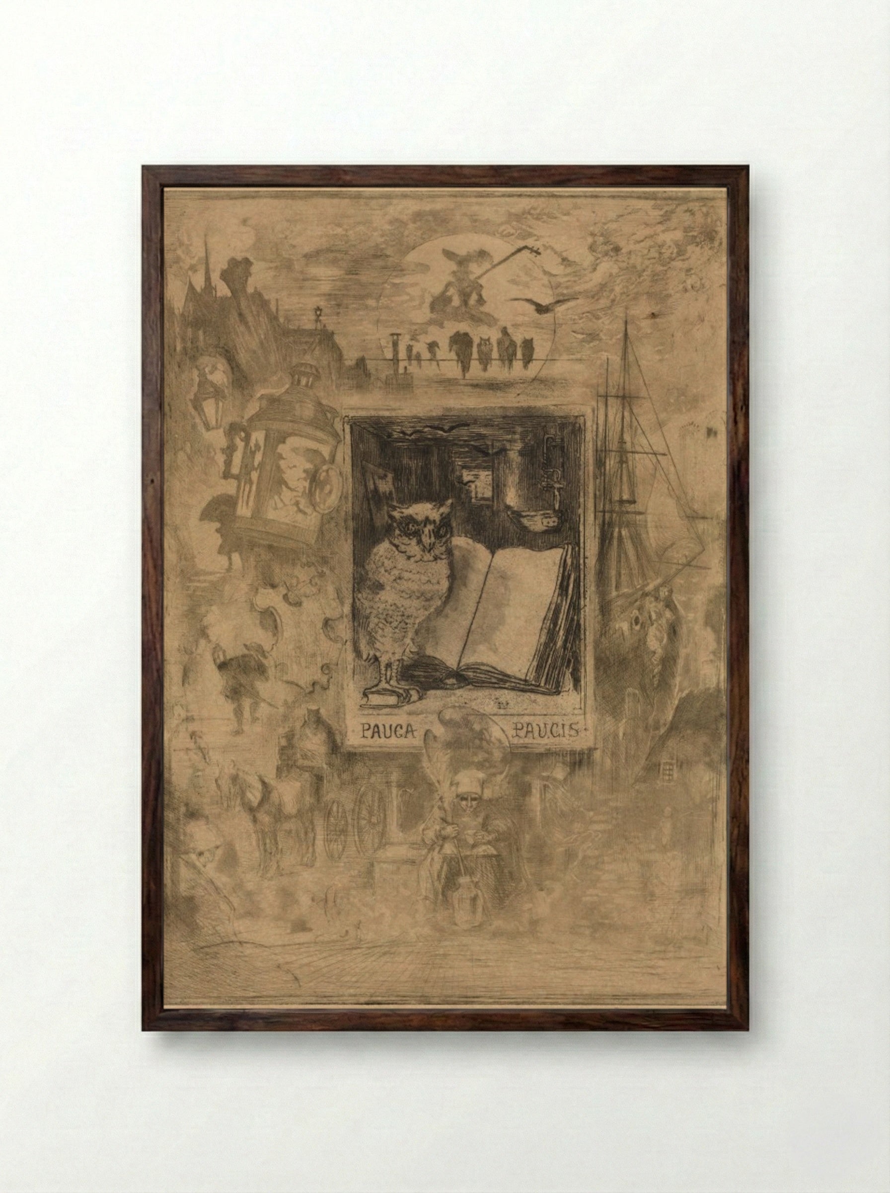 The Owl (Pauca Paucis) - Félix Hilaire Buhot - Framed Print Dark Wood