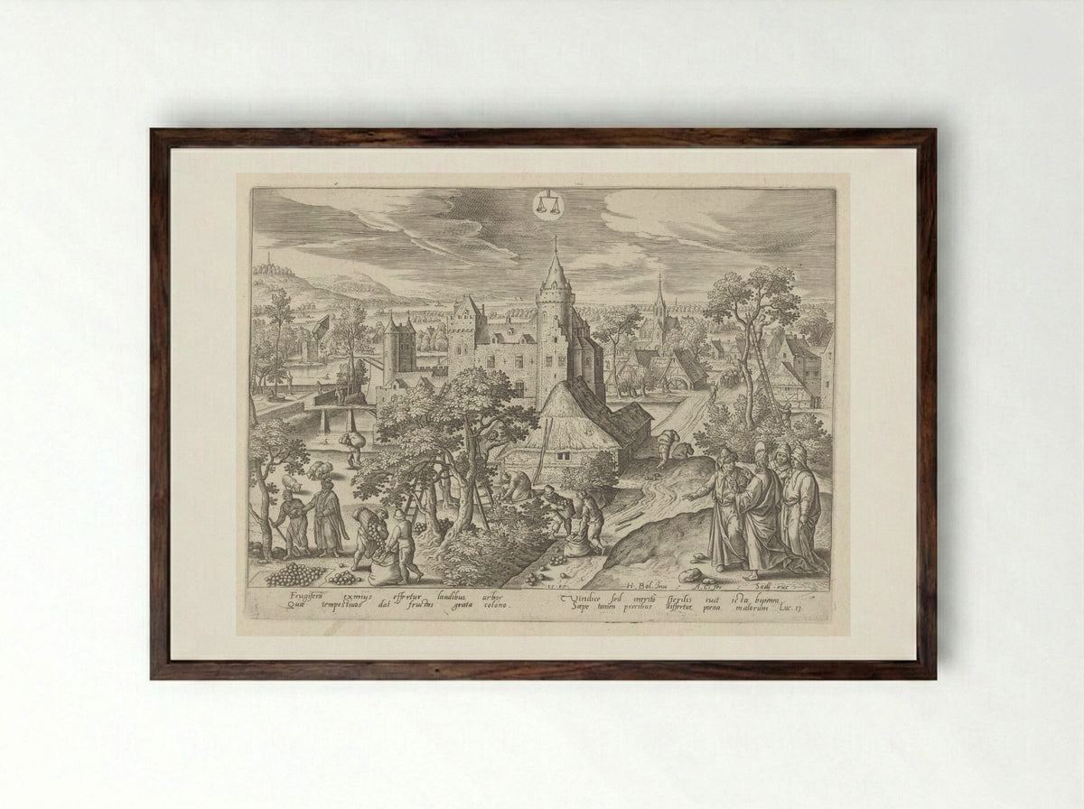 The Parable of the Barren Fig Tree - Adriaen Collaert - Framed Print Dark Wood