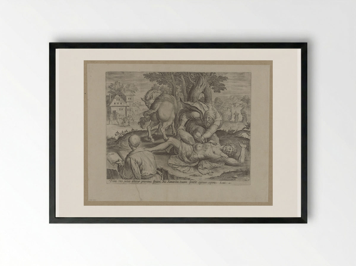 The Parable of the Good Samaritan - Hans Collaert the Elder - Framed Print Black