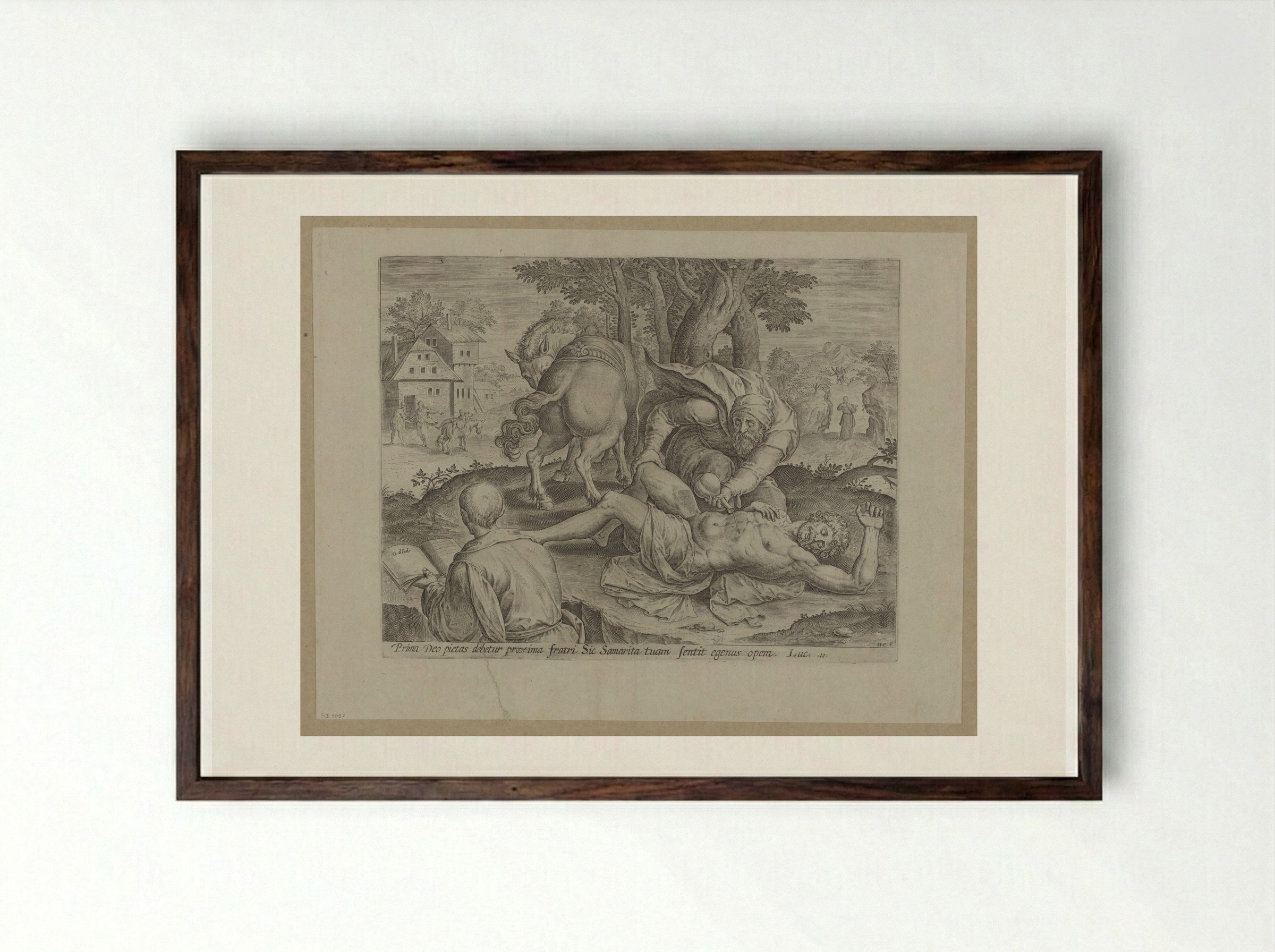 The Parable of the Good Samaritan - Hans Collaert the Elder - Framed Print Dark Wood