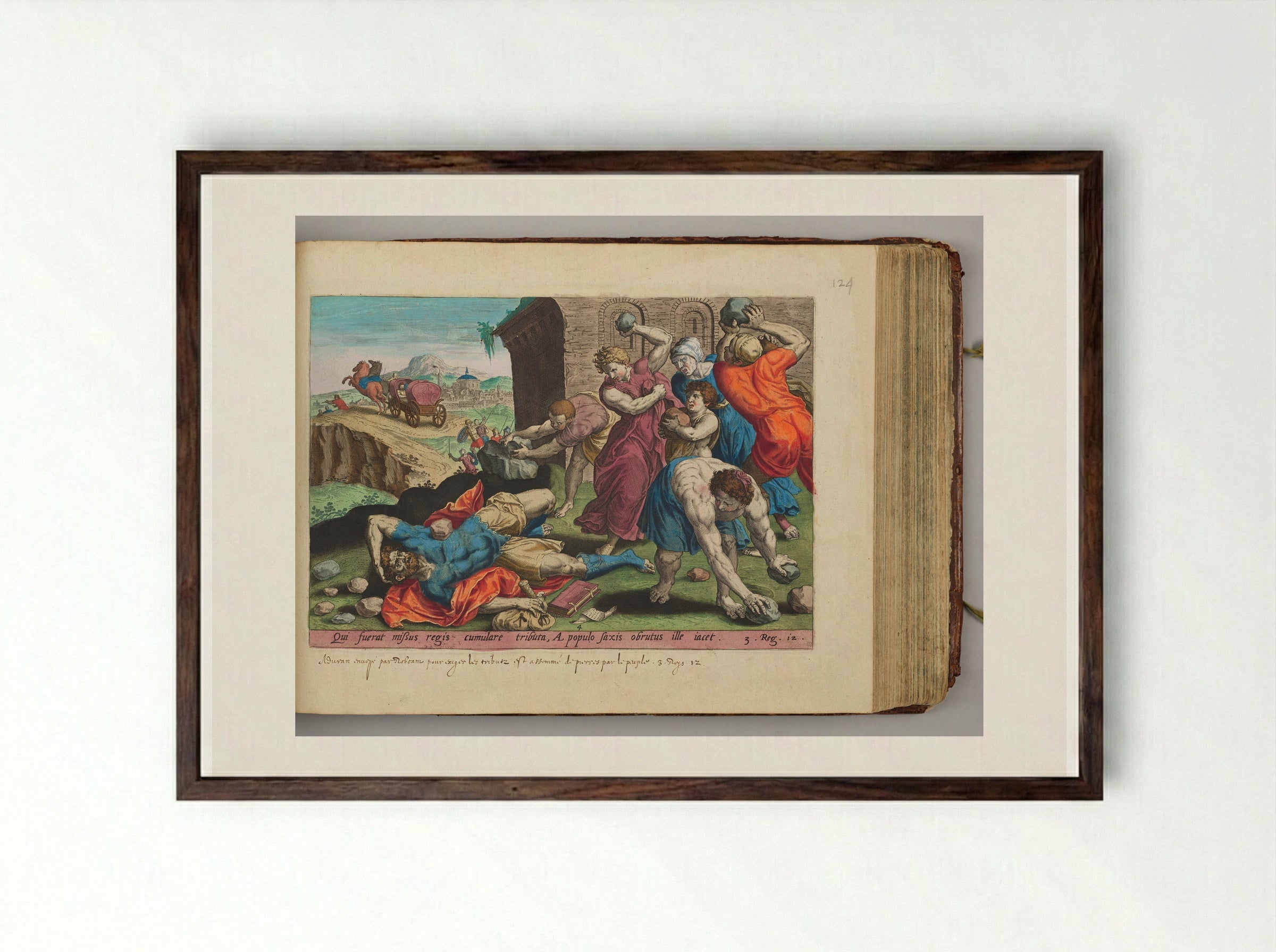 The People Stoning Adoram - Hans Collaert the Elder - Framed Print Dark Wood