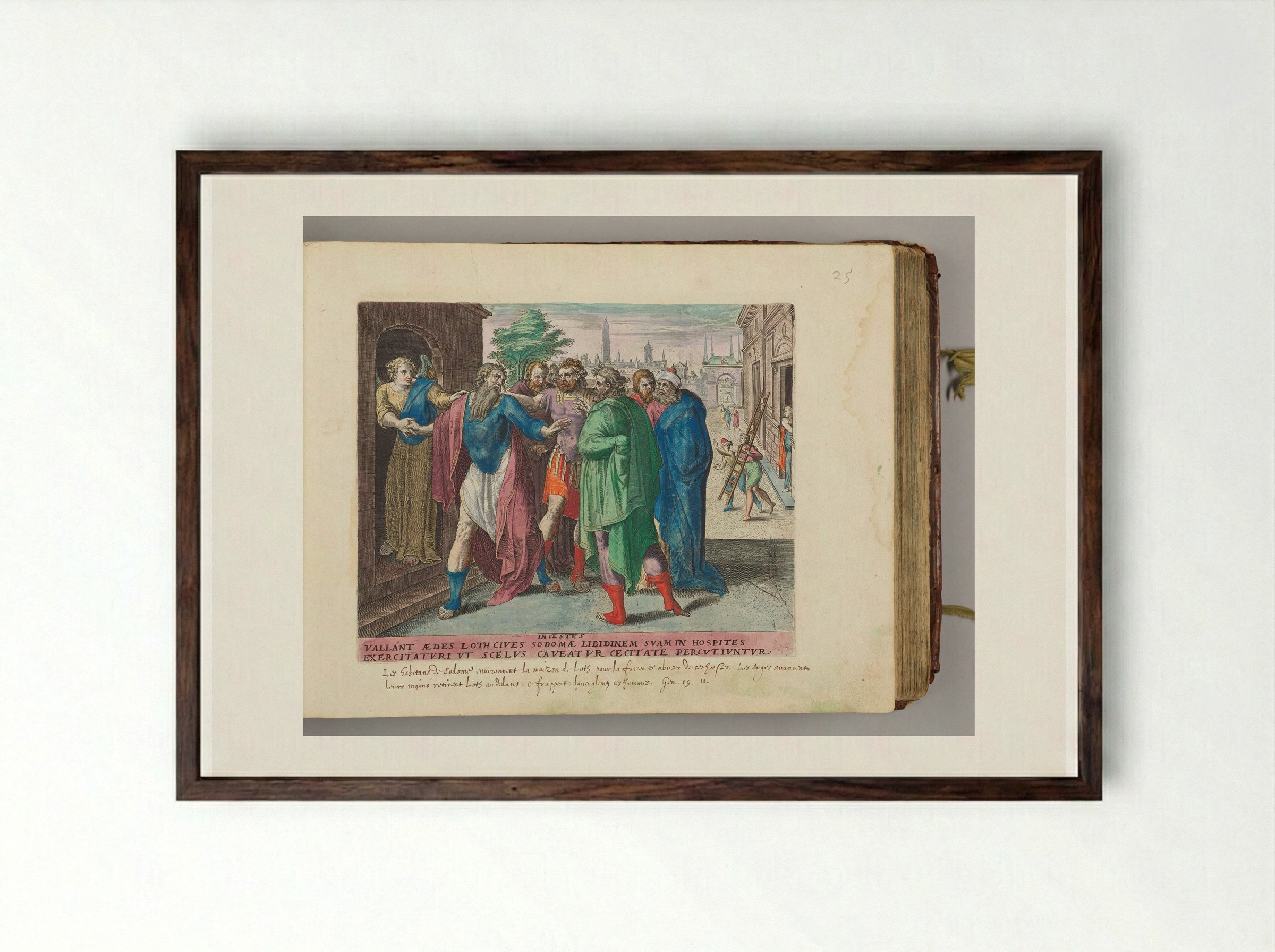 The People of Sodom Surrounding Lot's House - Hans Collaert the Elder - Framed Print Dark Wood