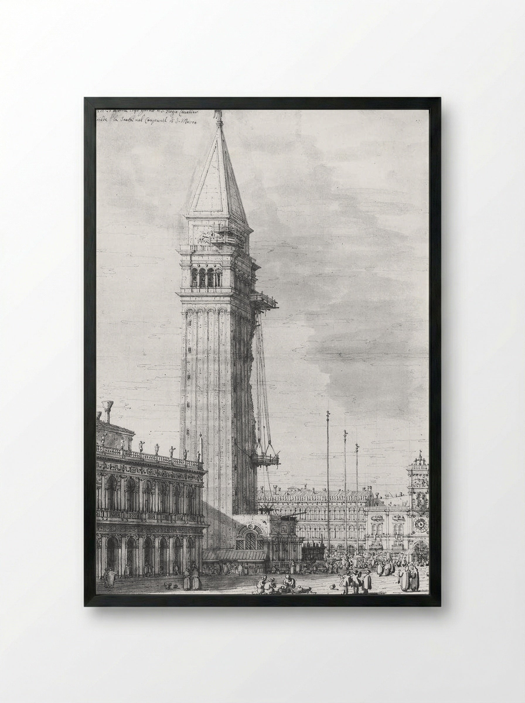 The Piazzetta: Looking North, the Campanile under Repair - Canaletto - Framed Print Black