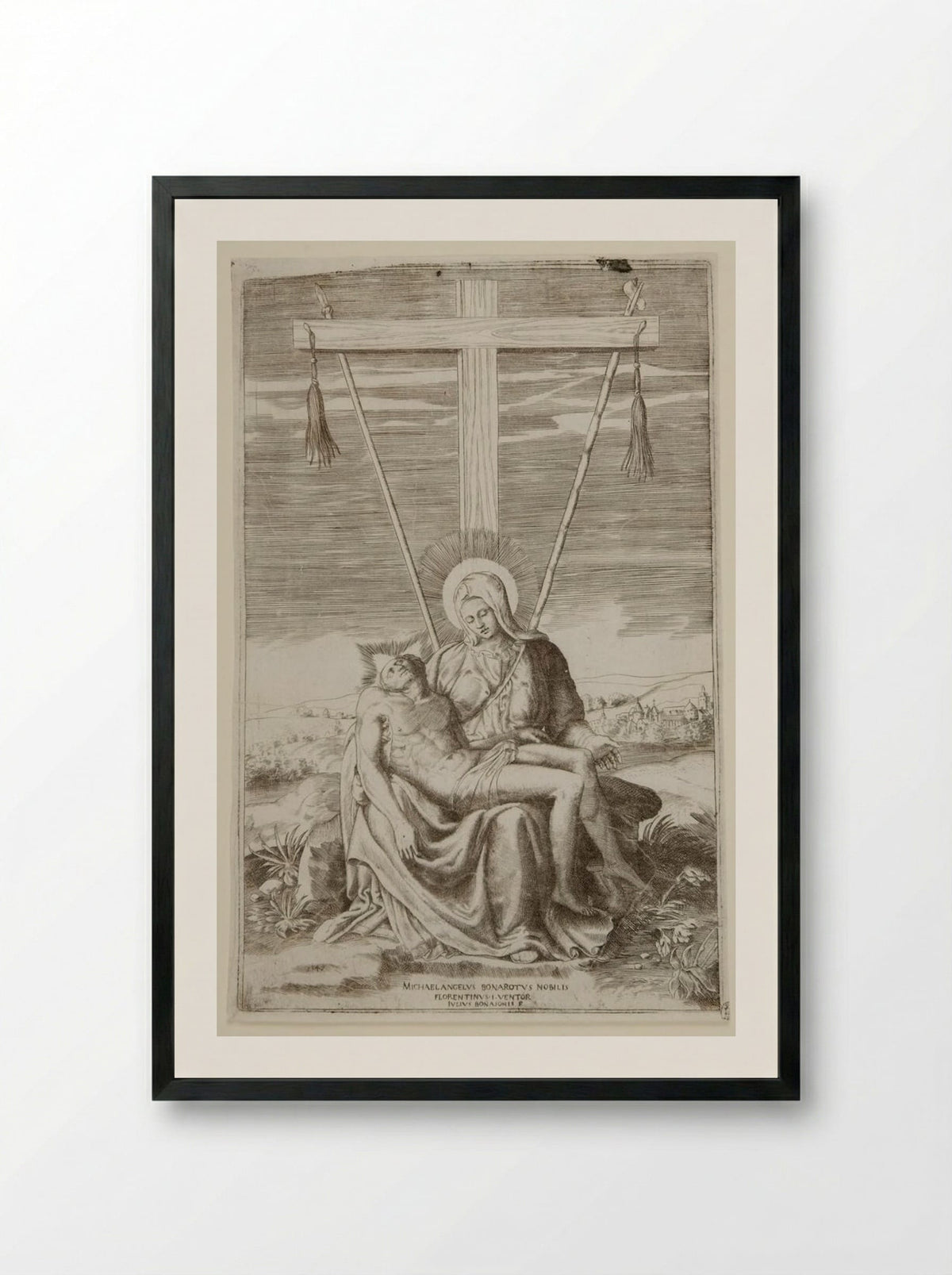 The Pietà under the Cross of Golgotha - Giulio Bonasone - Framed Print Black