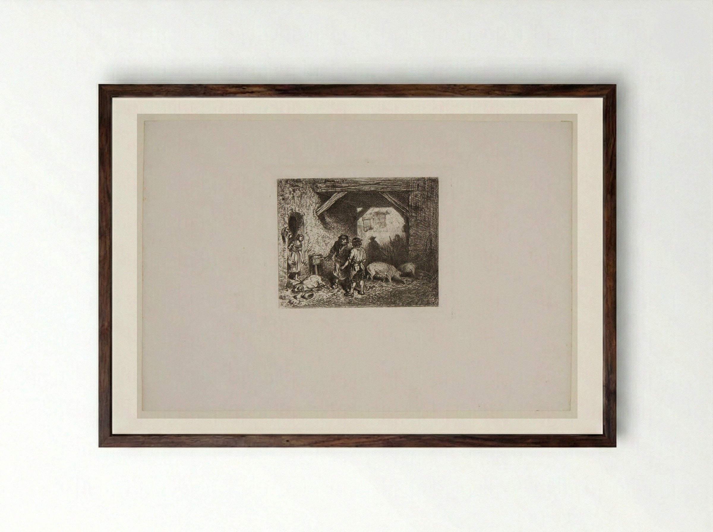 The Pig Slayers - Charles-Émile Jacque - Framed Print Dark Wood