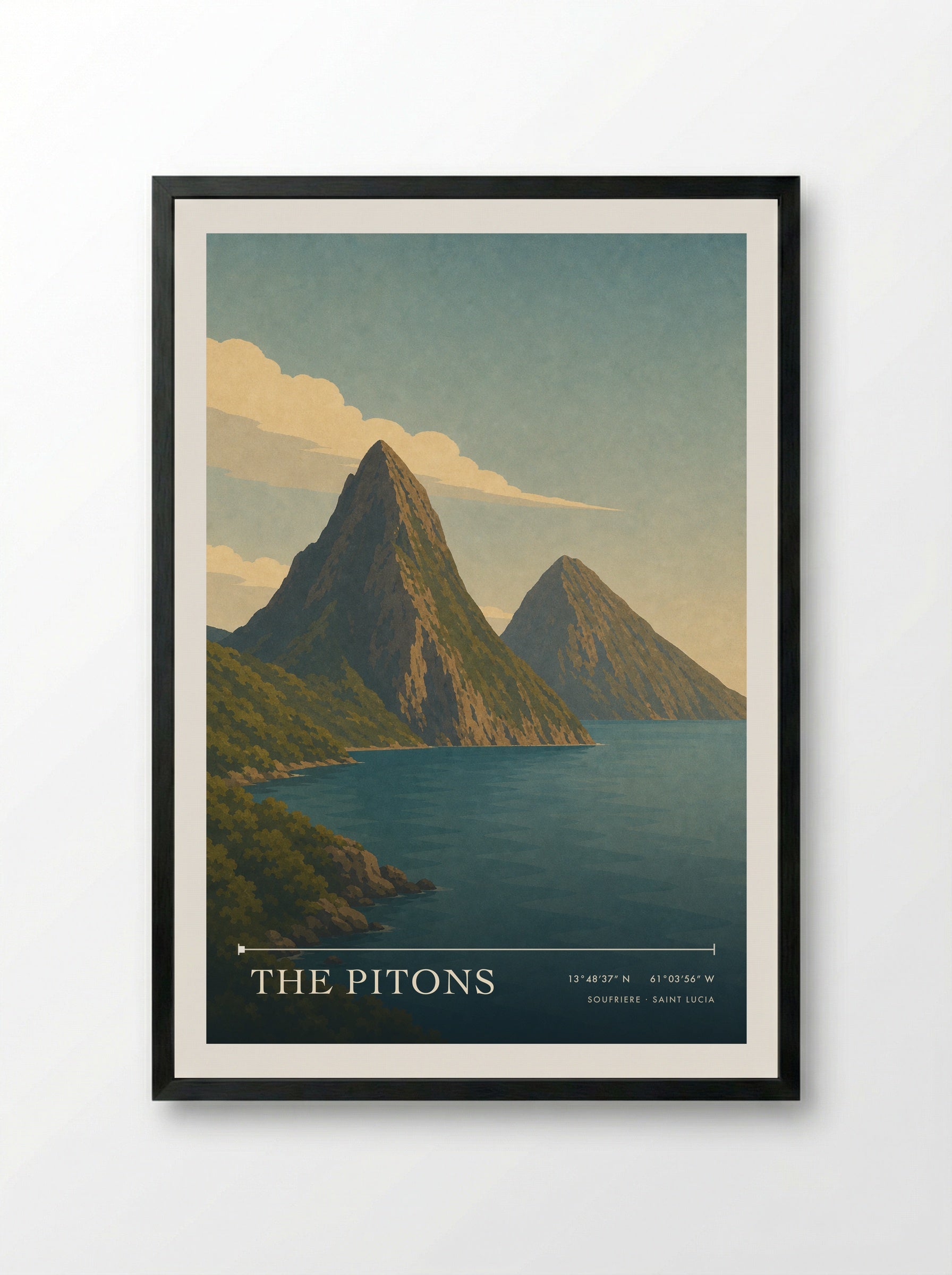 The Pitons Travel Poster Artwork - Framed Print Black