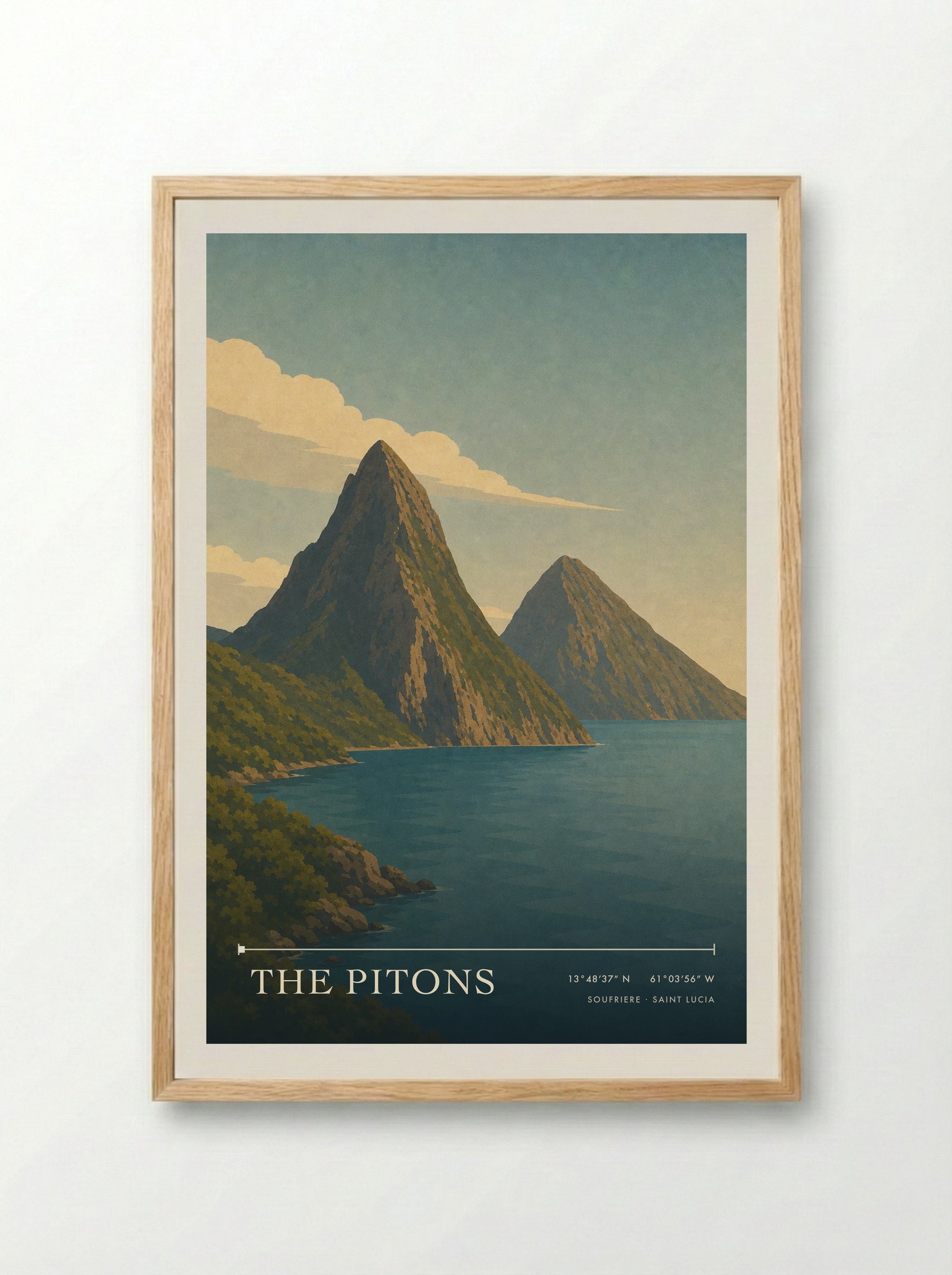 The Pitons Travel Poster Artwork - Framed Print Wood