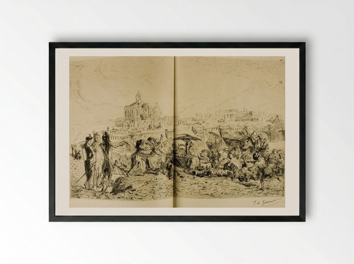 The Pont Neuf and the Samaritaine in 1775 - Jules de Goncourt - Framed Print Black