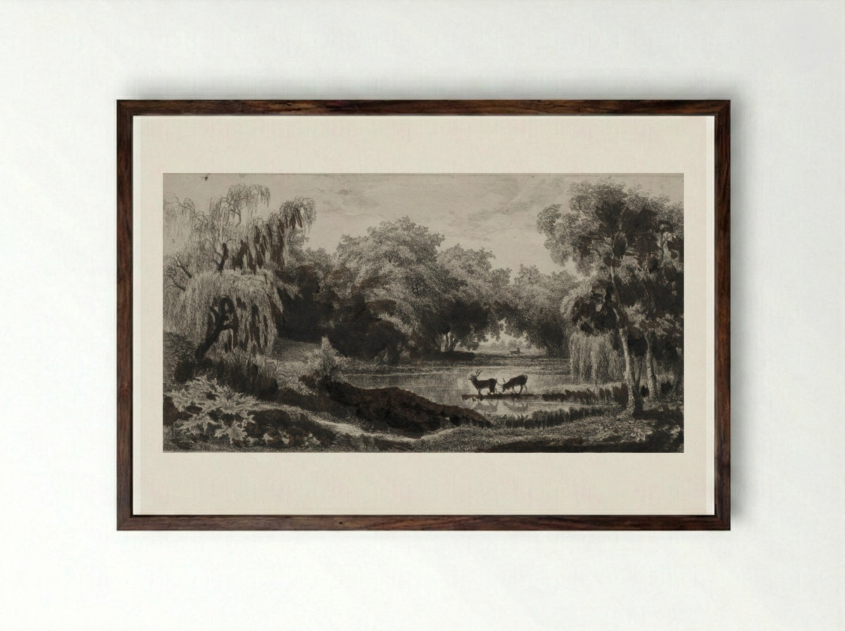 The Pool with Stags - Charles François Daubigny - Framed Print Dark Wood