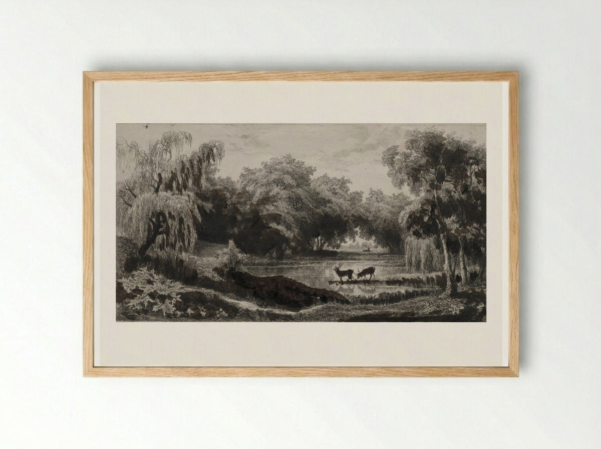The Pool with Stags - Charles François Daubigny - Framed Print Wood
