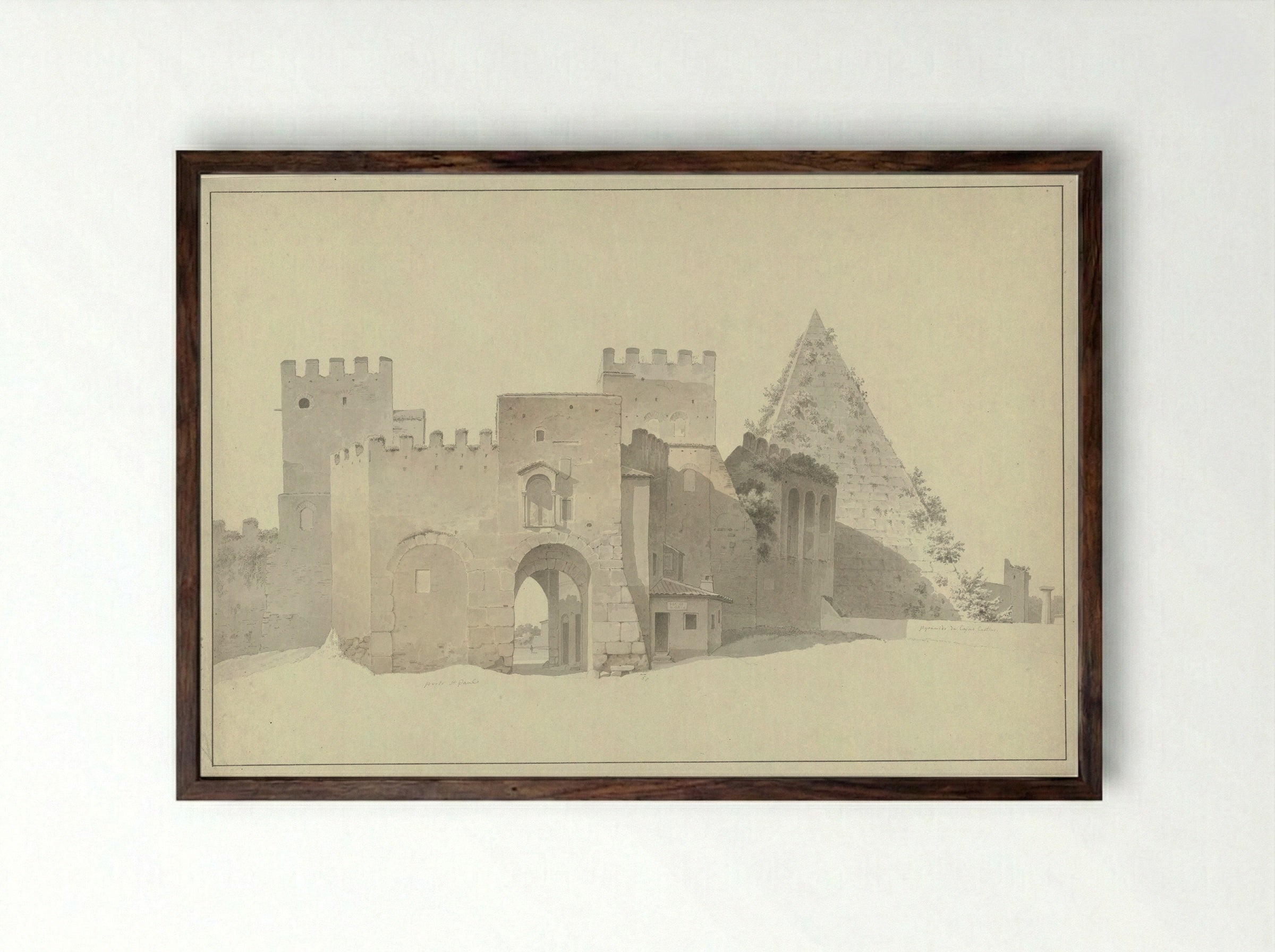 The Porta San Paolo and the Pyramid of Cestius in Rome - Josephus Augustus Knip - Framed Print Dark Wood