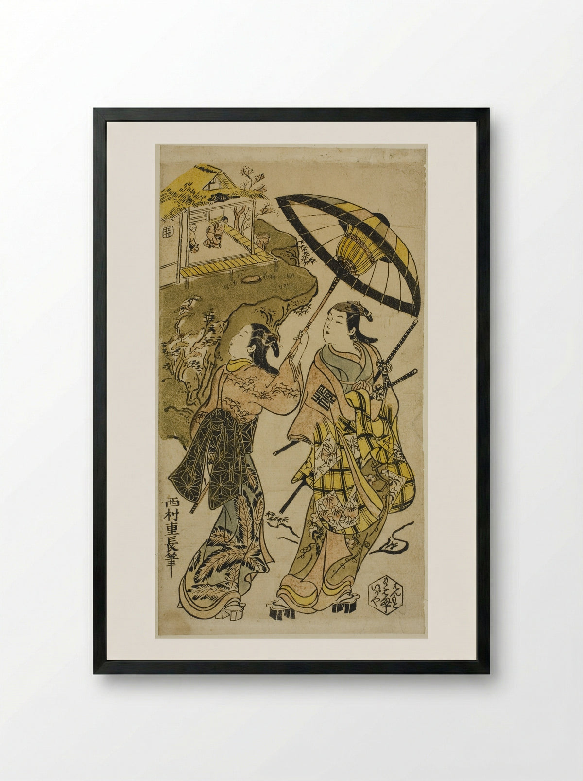The Portrait of Actors at the Ogura Cottage - Nishimura Shigenaga - Framed Print Black