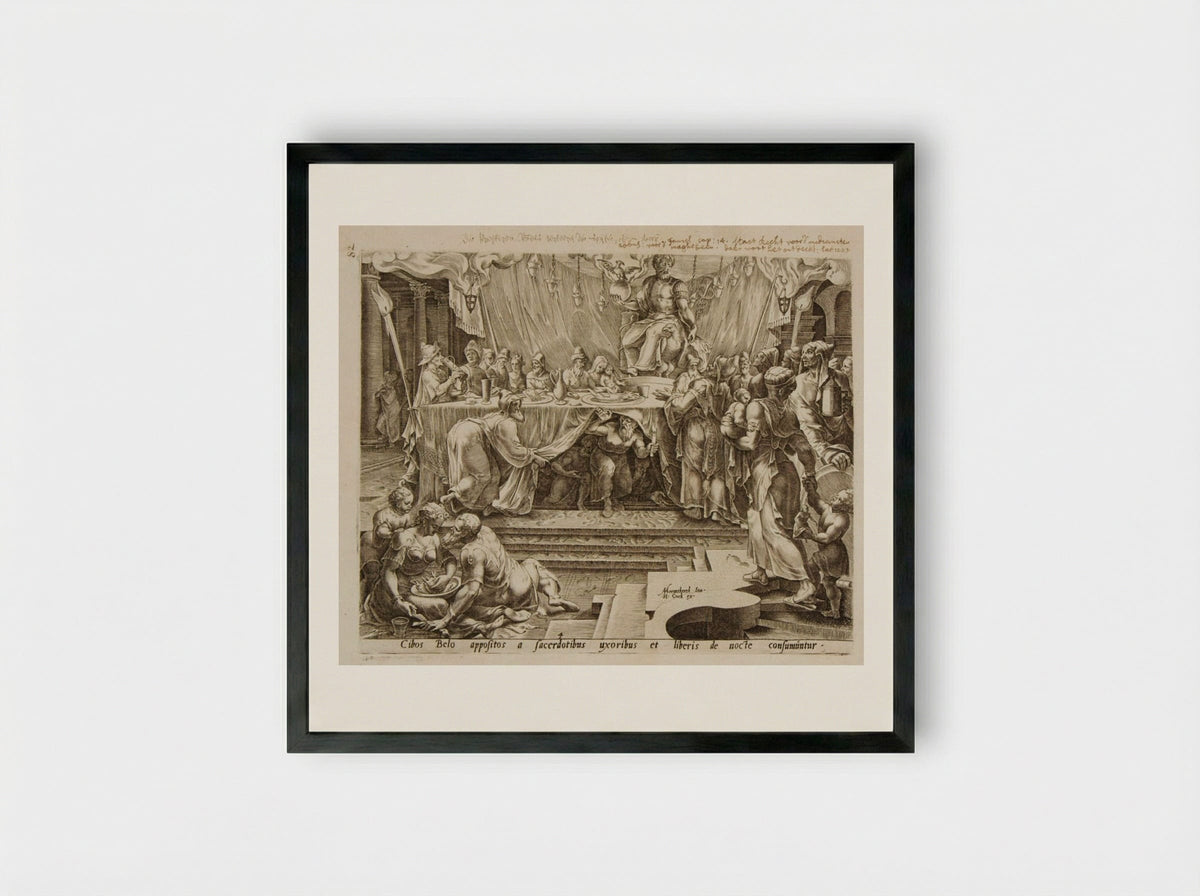The Priests, Their Wives and Children Eat the Offerings to Baal - Philips Galle - Framed Print Black