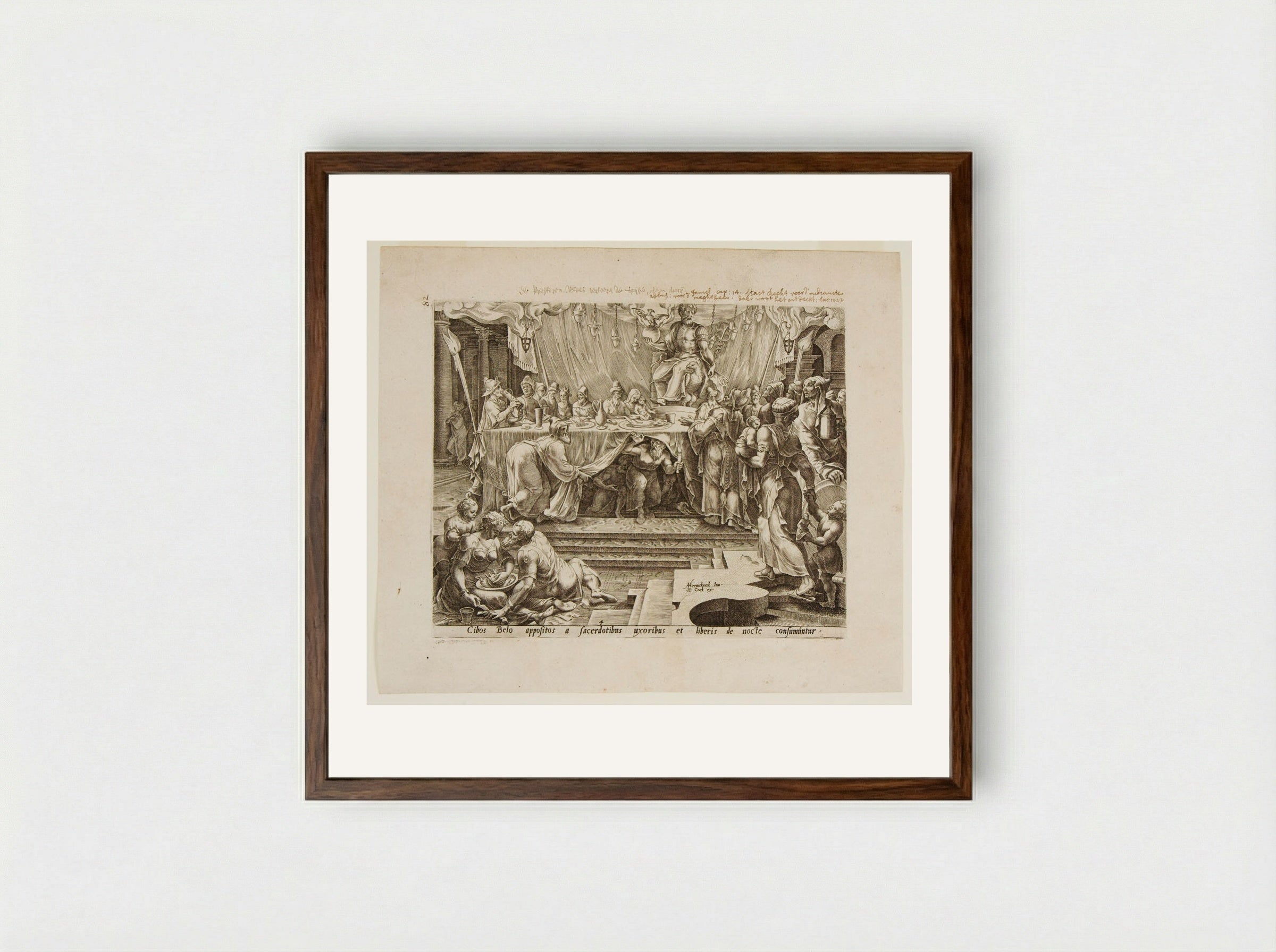 The Priests, Their Wives and Children Eat the Offerings to Baal - Philips Galle - Framed Print Dark Wood