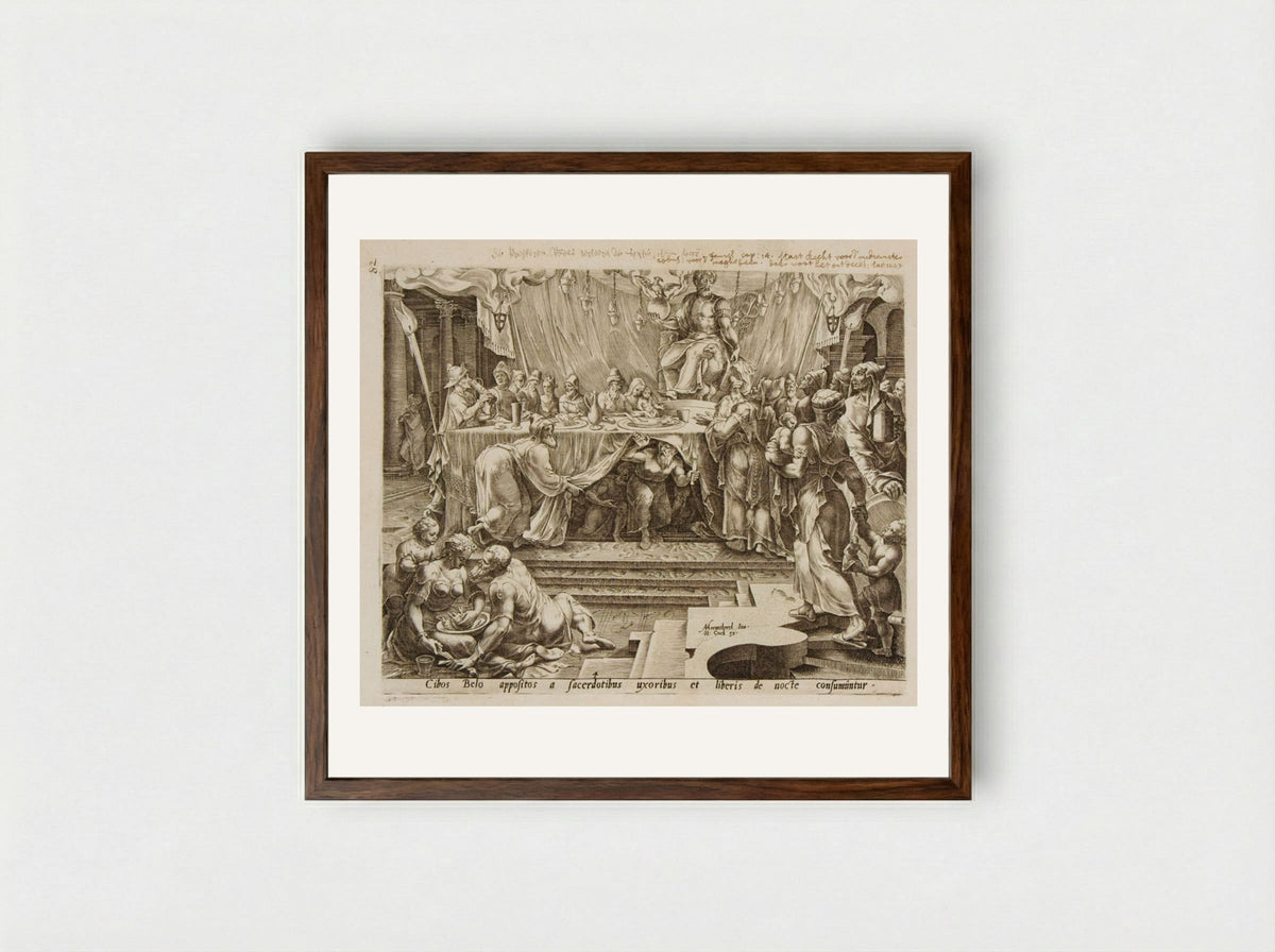 The Priests, Their Wives and Children Eat the Offerings to Baal - Philips Galle - Framed Print Dark Wood