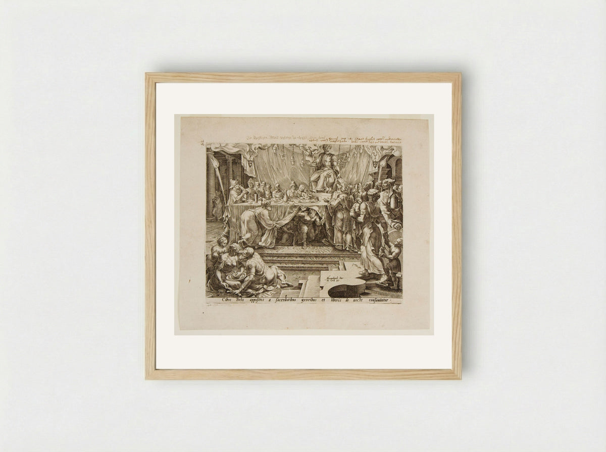 The Priests, Their Wives and Children Eat the Offerings to Baal - Philips Galle - Framed Print Wood