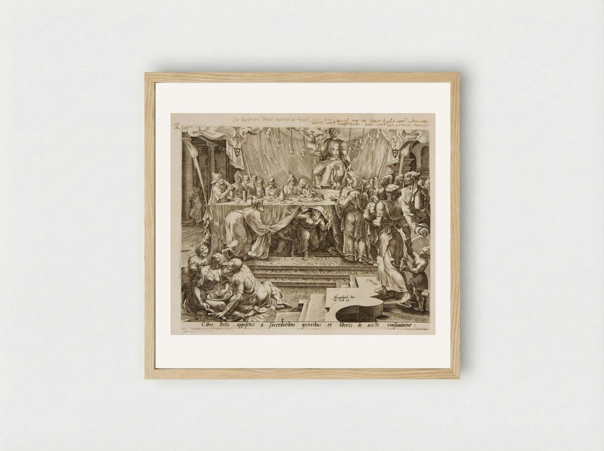 The Priests, Their Wives and Children Eat the Offerings to Baal - Philips Galle - Framed Print Wood