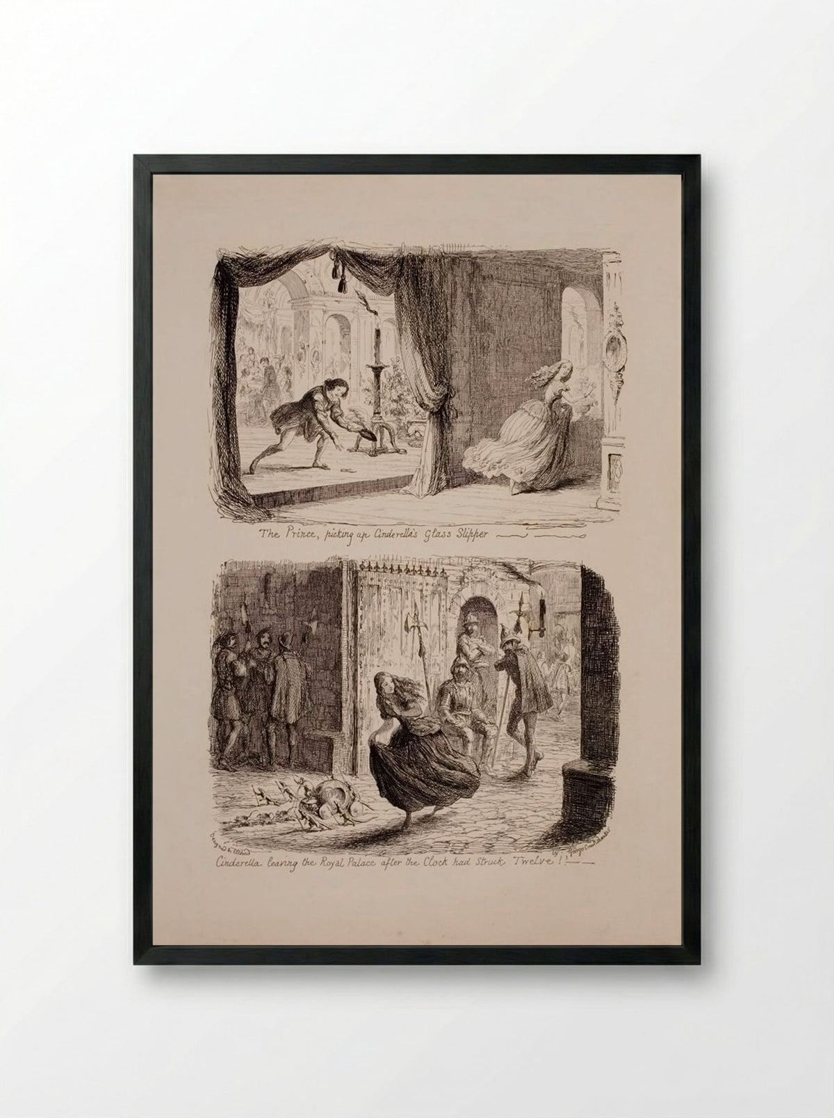The Prince, Picking up Cinderella's Glass Slipper - George Cruikshank - Framed Print Black