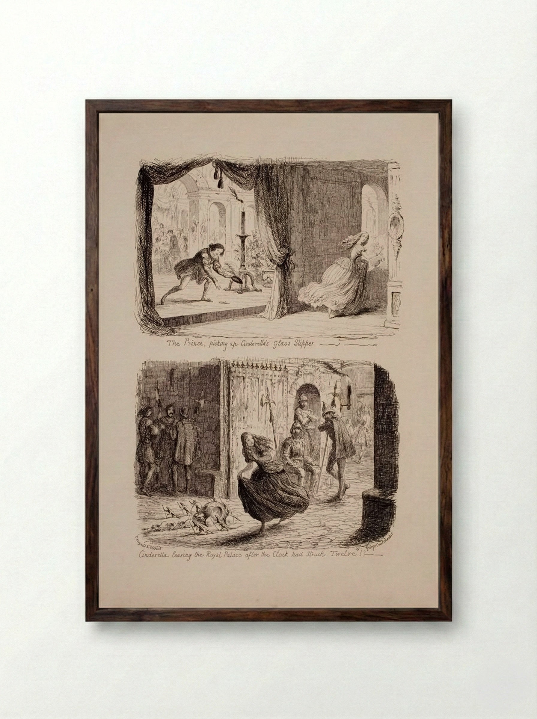 The Prince, Picking up Cinderella's Glass Slipper - George Cruikshank - Framed Print Dark Wood