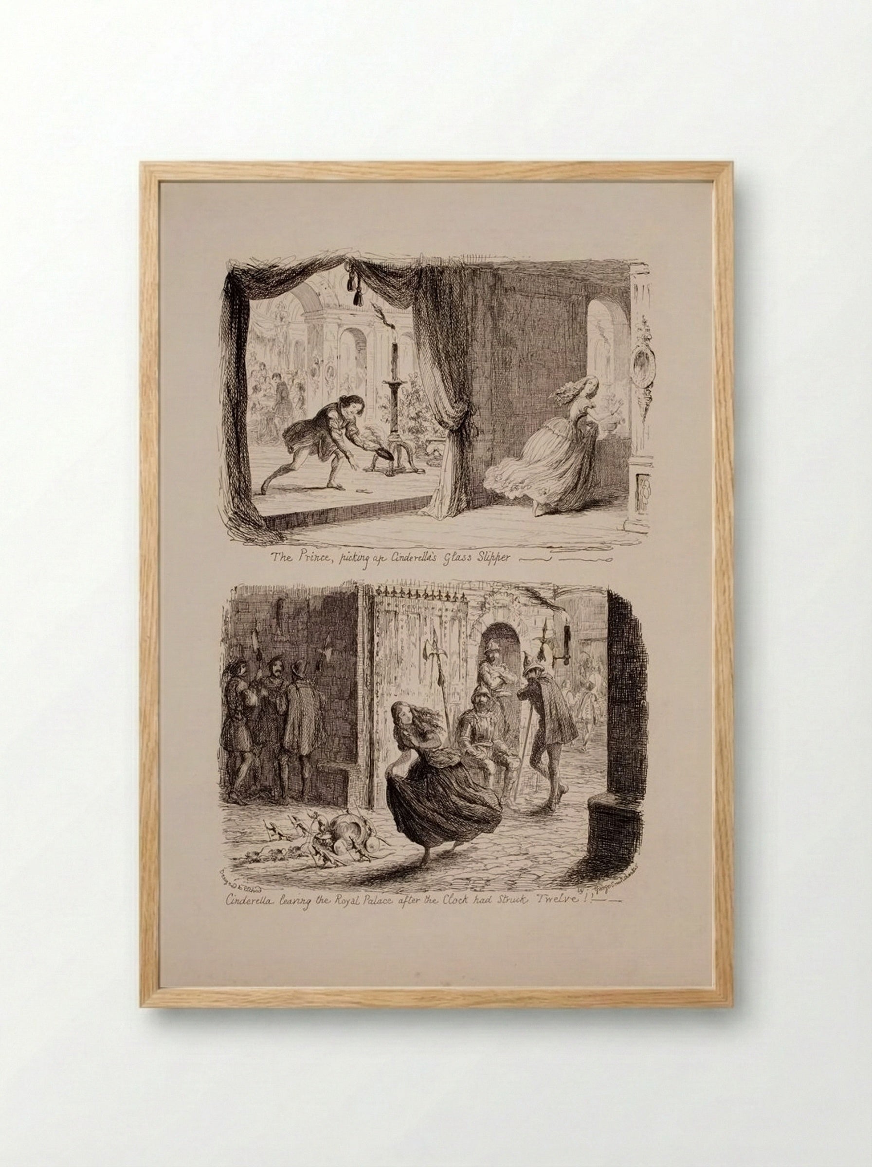 The Prince, Picking up Cinderella's Glass Slipper - George Cruikshank - Framed Print Wood