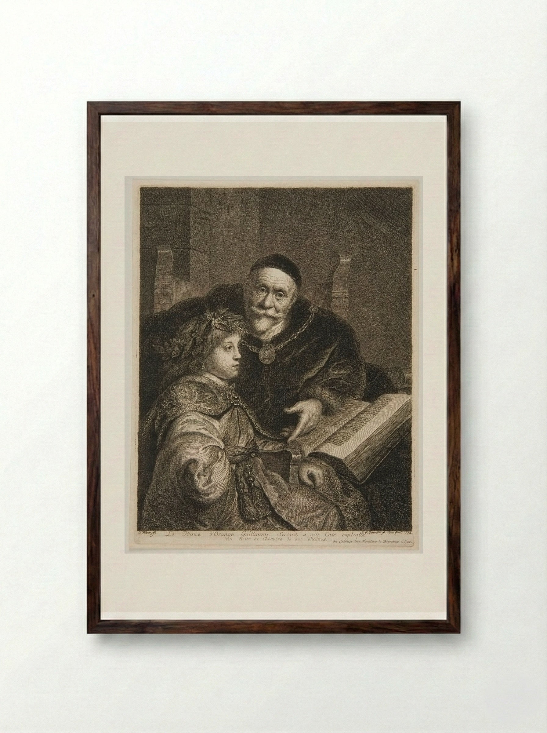 The Prince of Orange, Guillaume II to whom Cats Explains a Historical Trait of His Ancestors - Georg Friedrich Schmidt - Framed Print Dark Wood