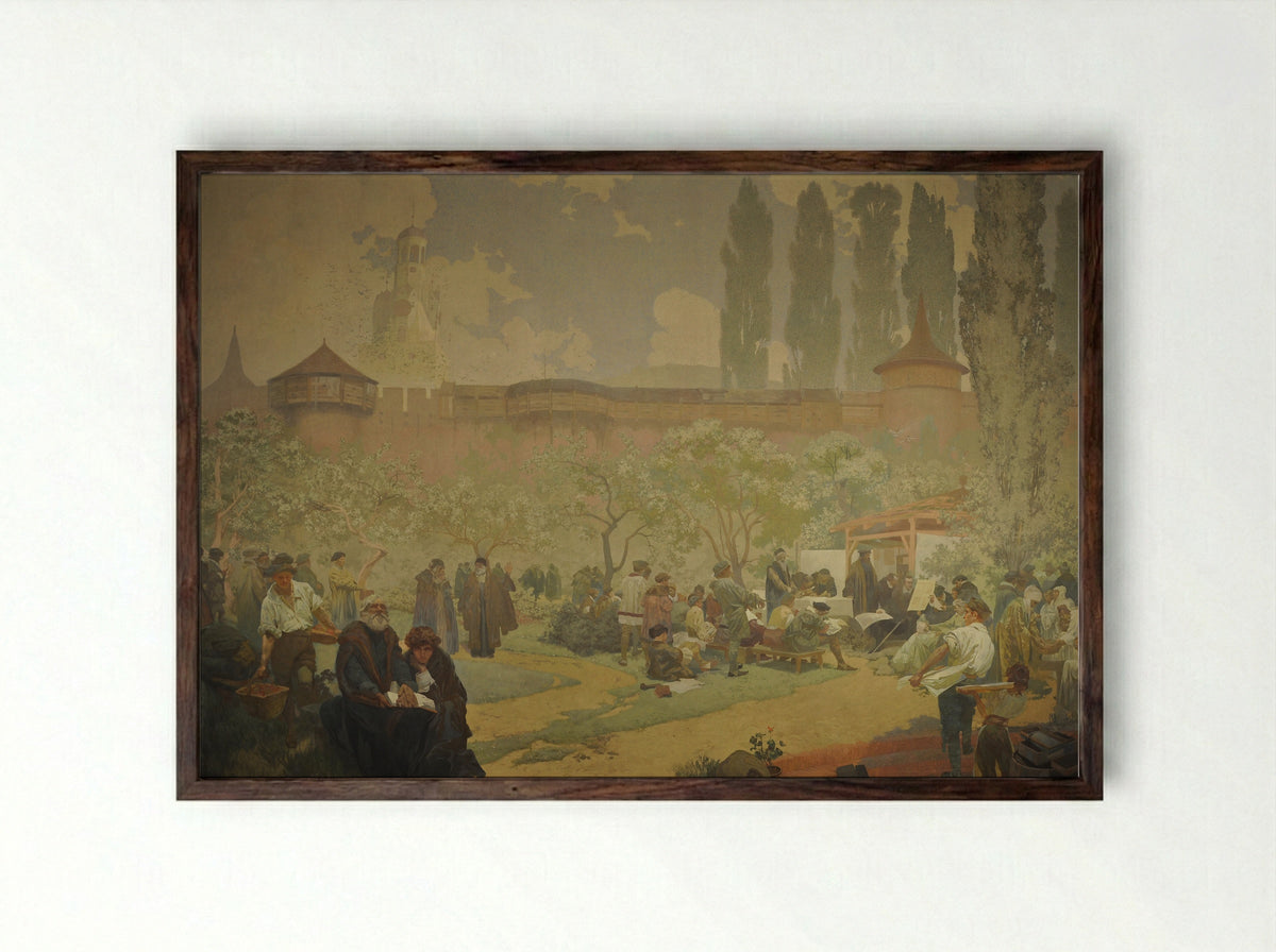 The Printing of the Bible of Kralice in Ivancice - Alphonse Mucha - Framed Print Dark Wood