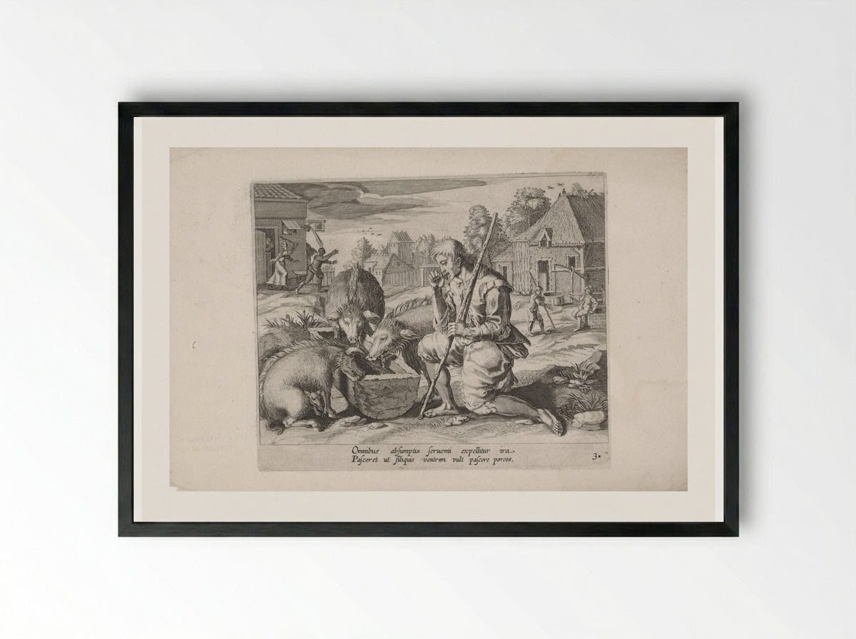 The Prodigal Son as a Swineherd - Salomon Savery - Framed Print Black