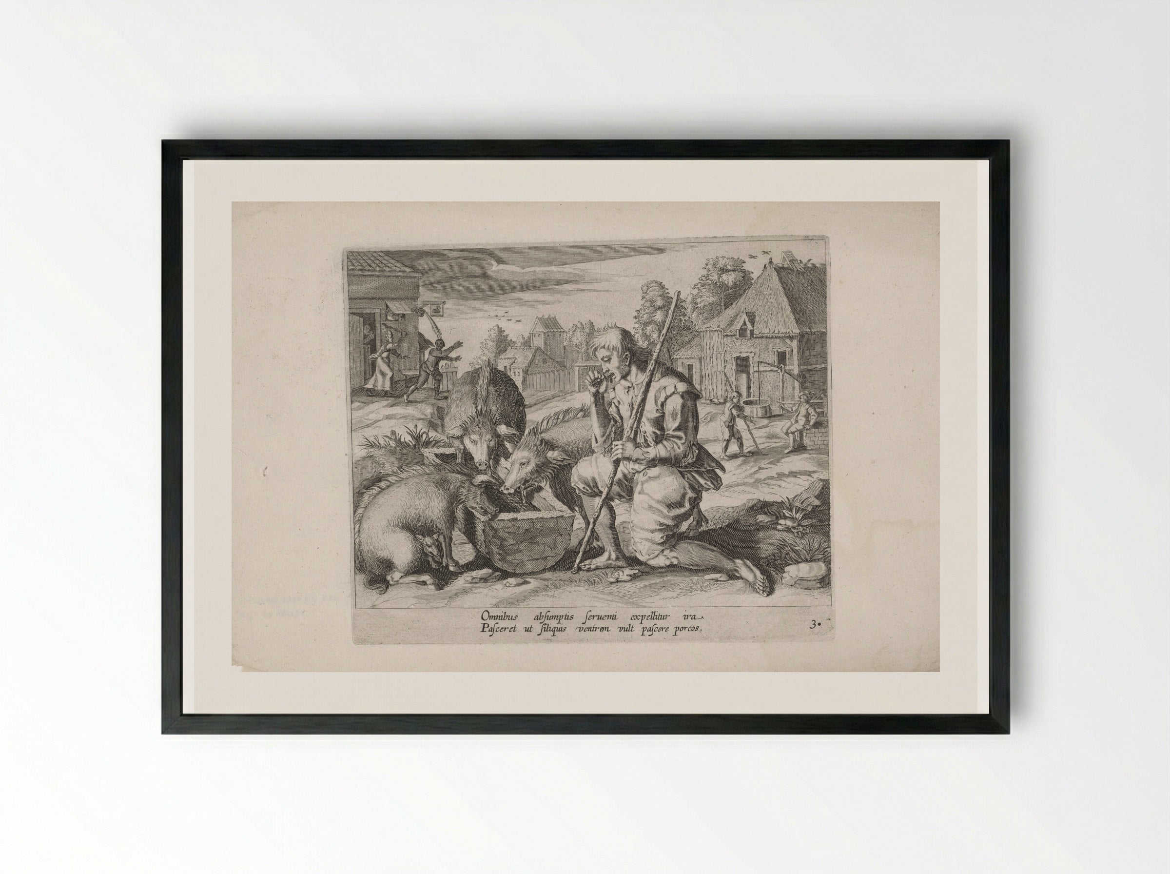 The Prodigal Son as a Swineherd - Salomon Savery - Framed Print Black