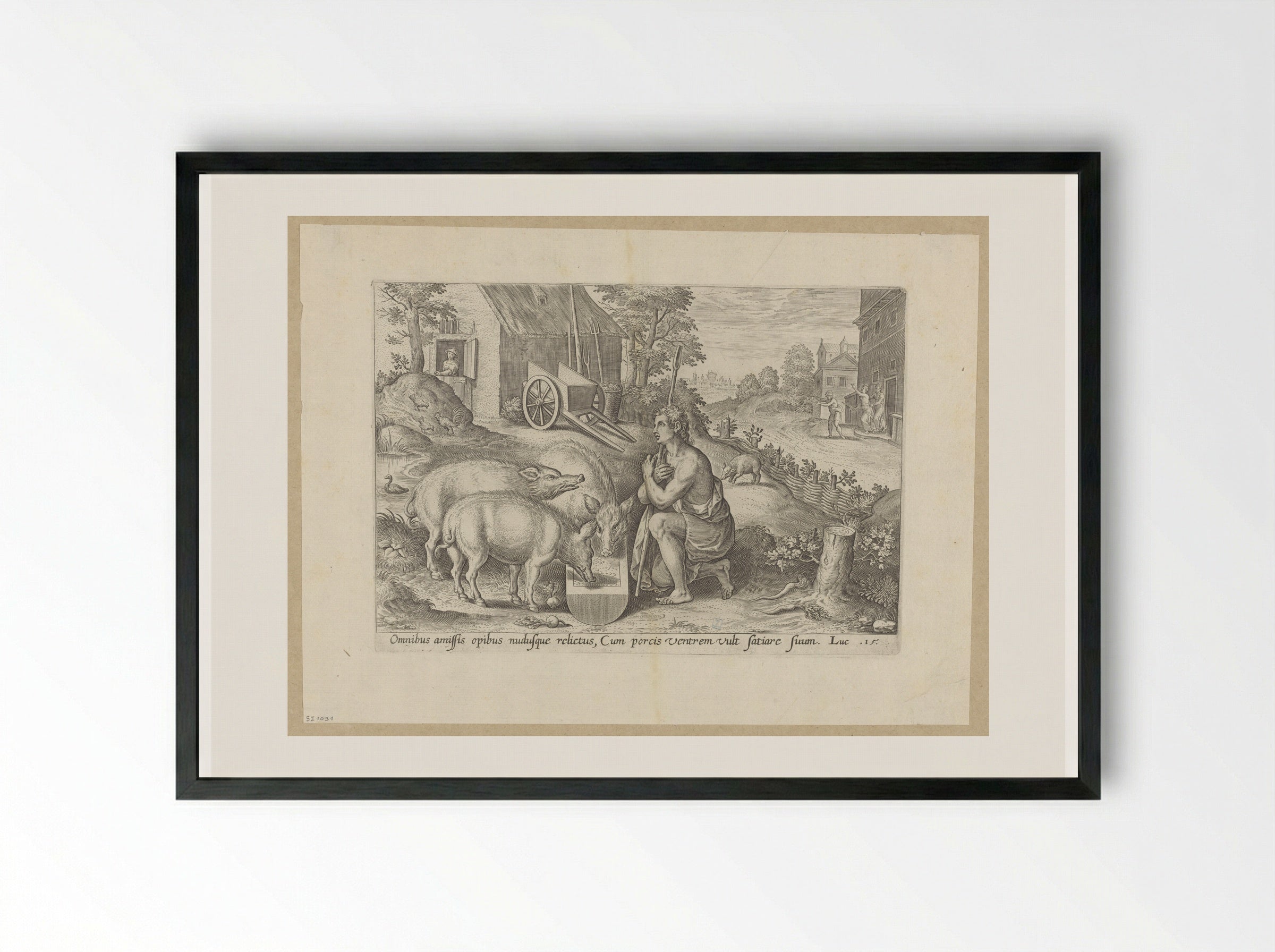 The Prodigal Son as a Swineherd - Hans Collaert the Elder - Framed Print Black